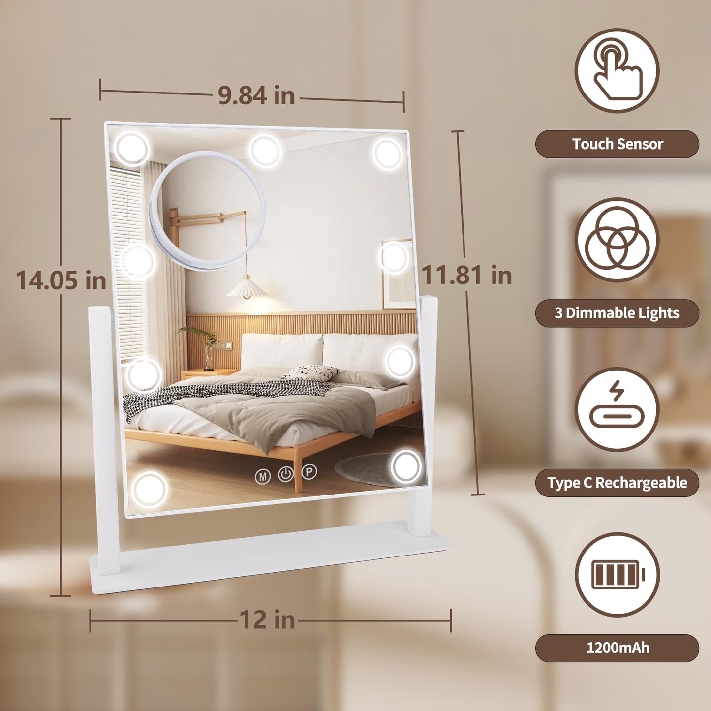 SLIMOON Lighted Makeup Mirror, Hollywood Vanity Mirror with 9 LED Bulbs, 3 Color Lights, and Detachable 10X Magnification Mirror, 1200mAh Rechargeable, Touch Control, 360°Rotation, White 14.05" * 12"