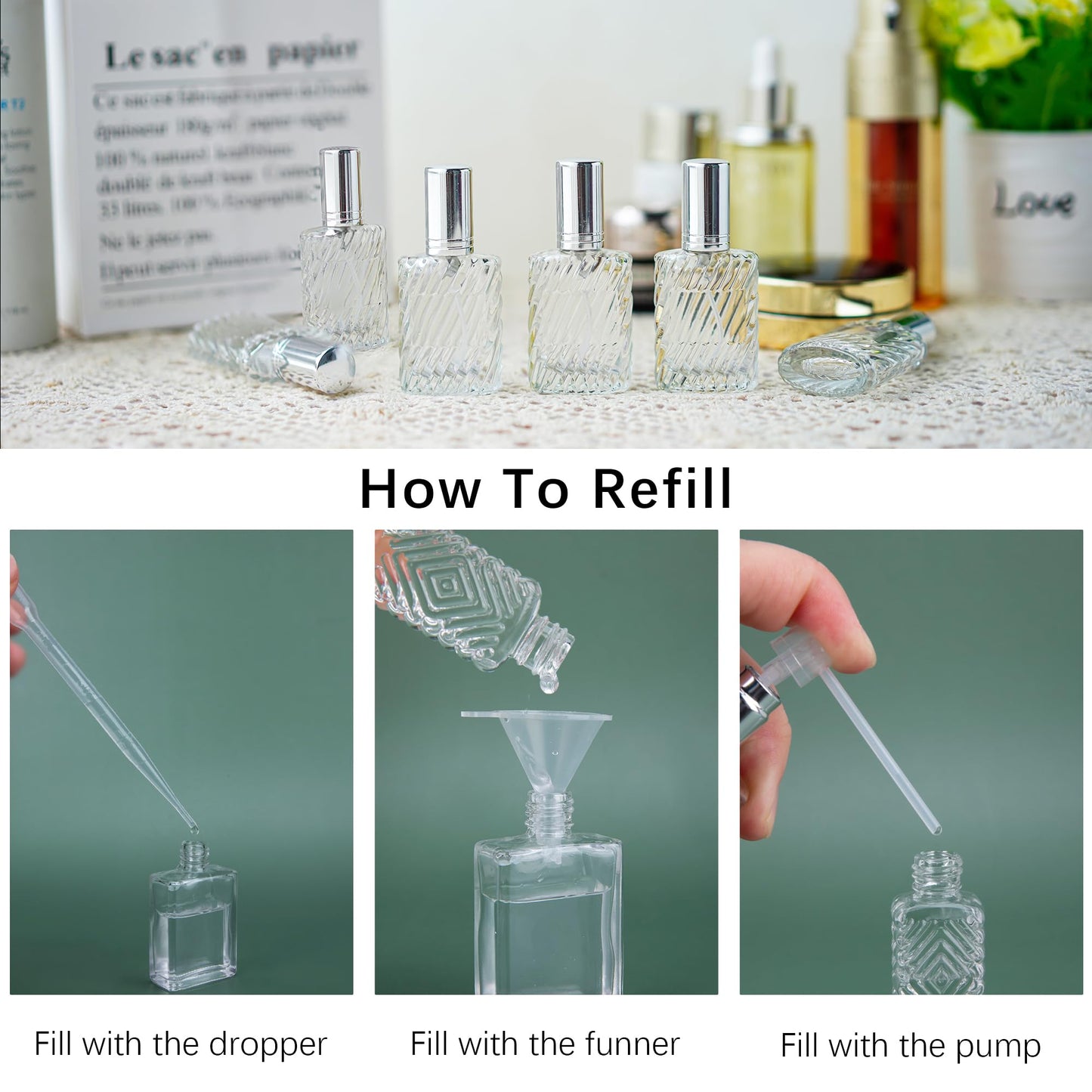 YU FENG 12pcs Glass Perfume Atomizer Spray Bottles Empty Refillable with Funnels Pipettes Dispensers for Essential Oil（13ml）