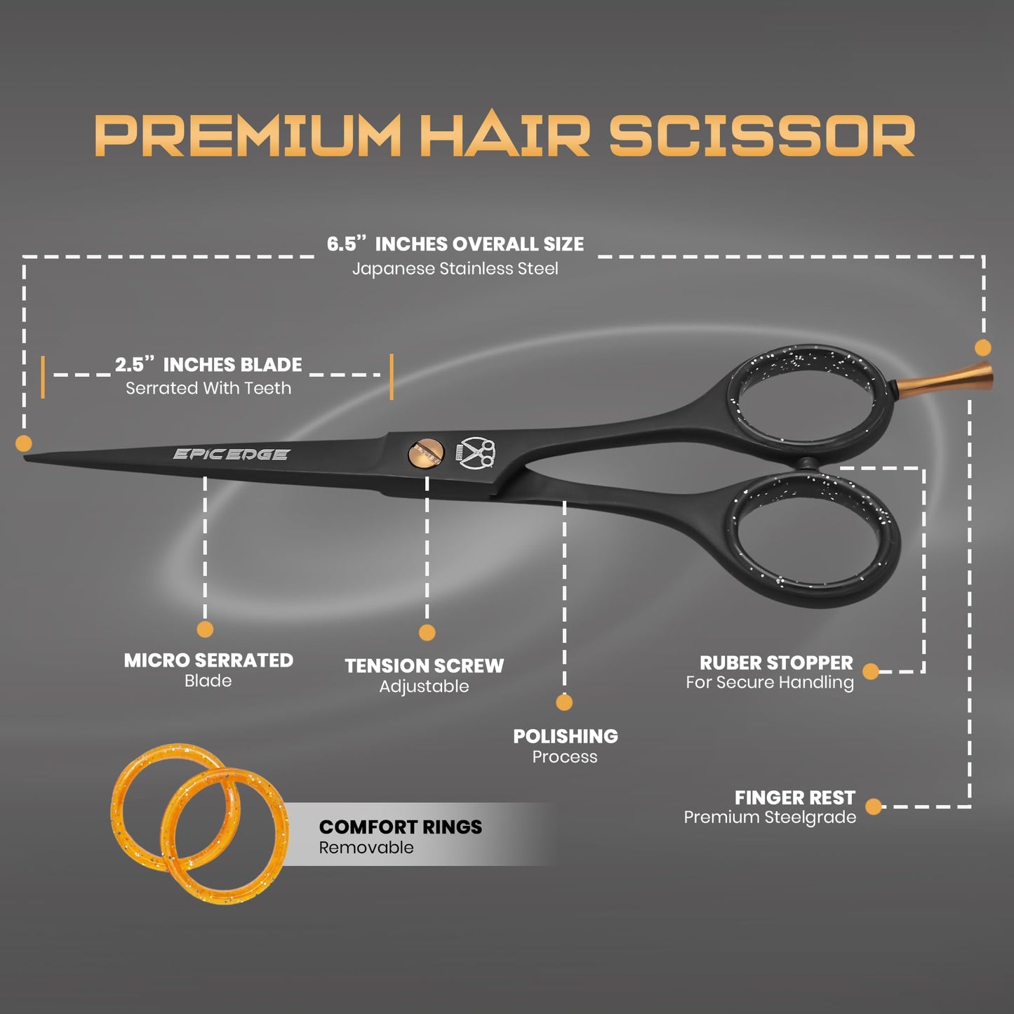 Hair Cutting Scissors - 6.5” Professional Hair Scissors For Men and Women High Carbon Stainless Steel With Serrated Blade And Leather Bag - Barber Scissors - Salon Hair Shears, Haircut Scissors