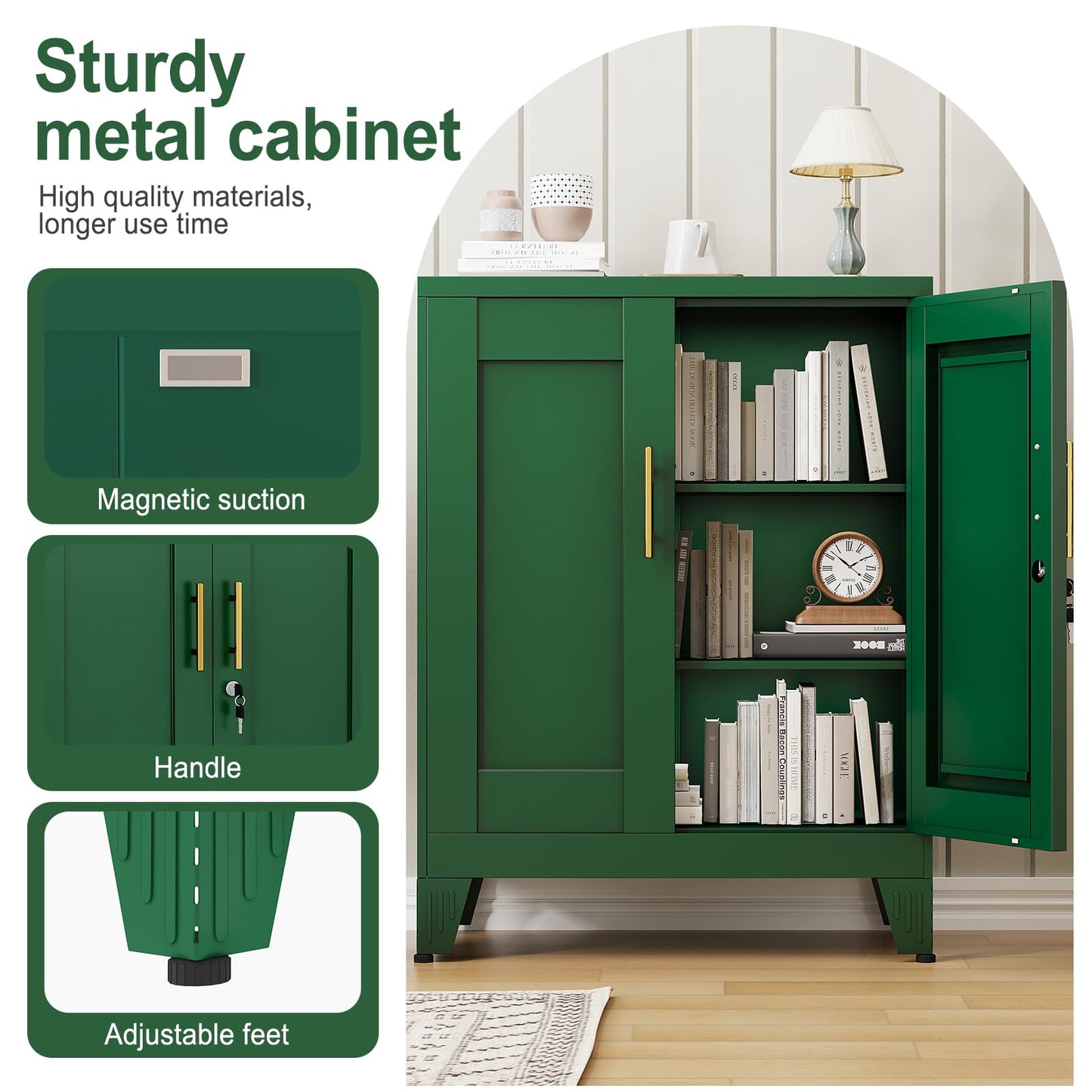 RISTERN Green Metal Storage Cabinet, 36" Tall Locking Storage Cabinet with 2 Adjustable Shelves, Steel Locker Organizer, for Office, Home, School