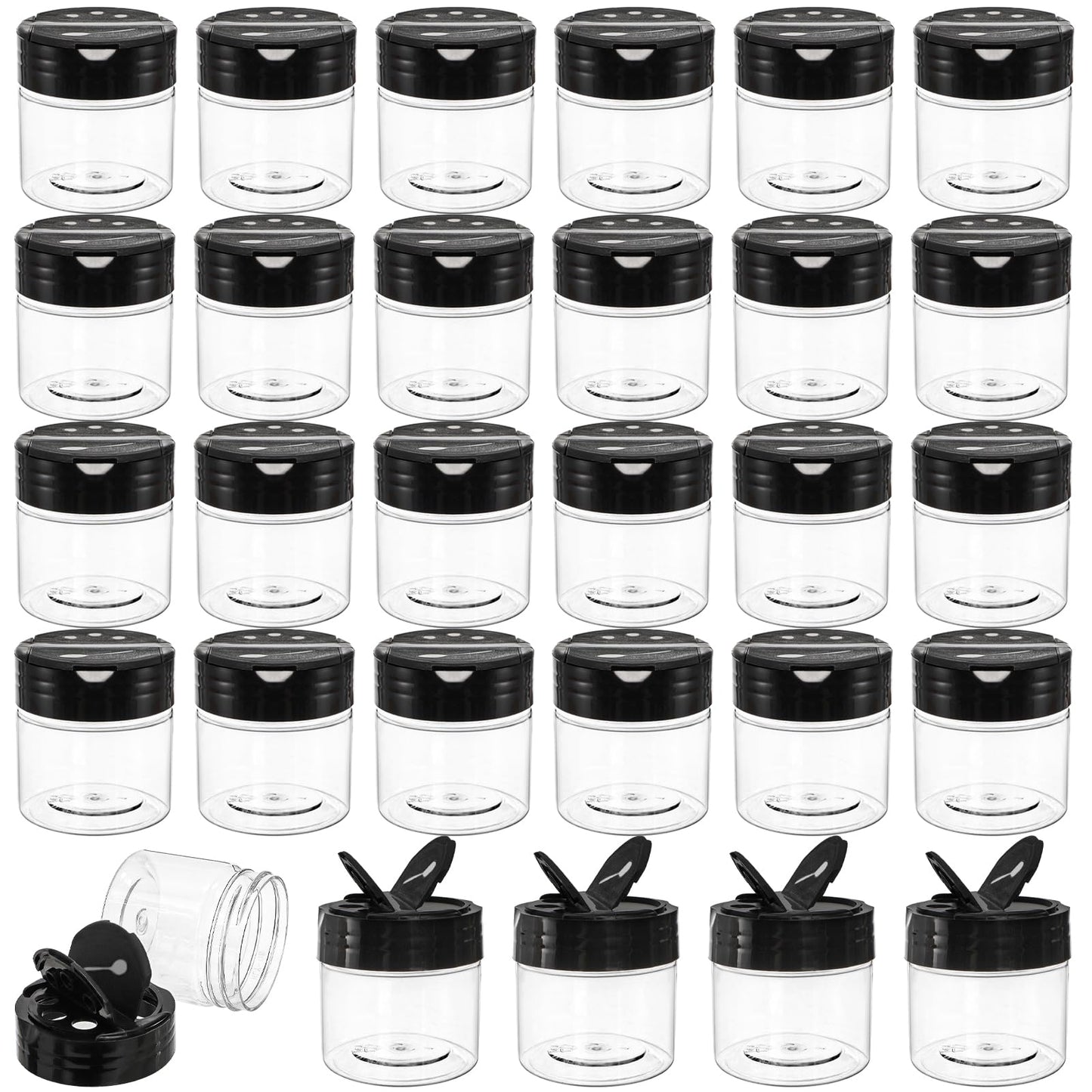 Foraineam 30 Pack Clear Plastic Jars 4 oz Mini Seasoning Bottles Spice Jars with Black Flip Cap to Pour Or Shaker, Round Food Safe Storage Containers with Lids for Spice Powders Cosmetics Crafts