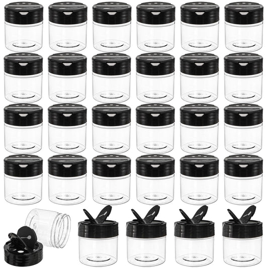 Foraineam 30 Pack Clear Plastic Jars 4 oz Mini Seasoning Bottles Spice Jars with Black Flip Cap to Pour Or Shaker, Round Food Safe Storage Containers with Lids for Spice Powders Cosmetics Crafts