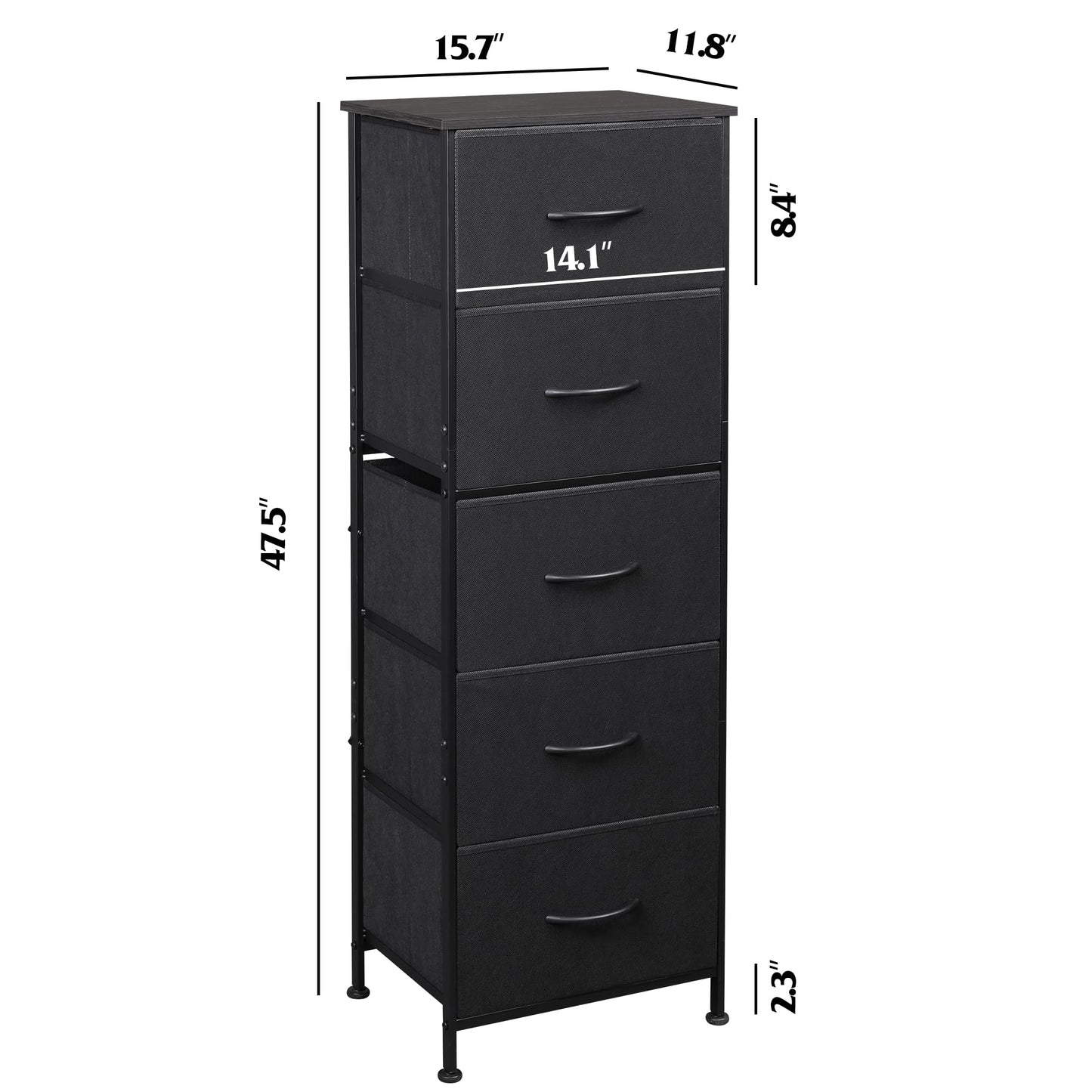 WLIVE Fabric Dresser, 5-Drawer Tall Dresser for Bedroom, Storage Organizer with Fabric Bins, Wood Top, Sturdy Steel Frame, Chest of Drawers for Closet, Hallway, Charcoal Black