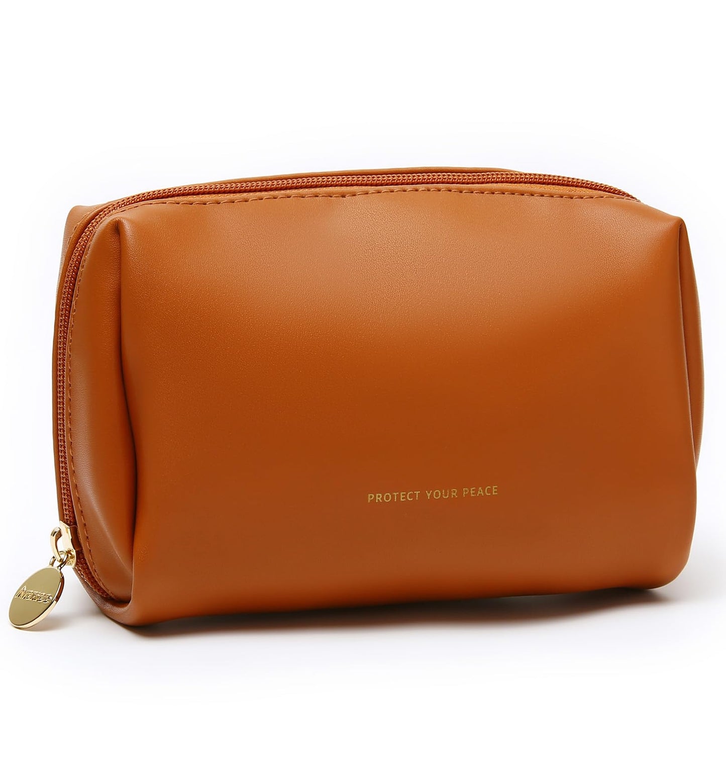 Aveniee Small Travel Makeup Bag, Vegan Leather Cosmetic Pouch for Purse,Wide-open Toiletry Organizer with Dividers & Zipper, Beauty Storage for Women-Brown