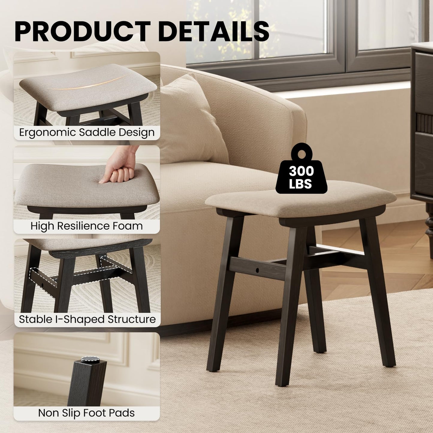DONGMUWUJEE Solid Wood Small Vanity Stool Chair, Makeup Stools for Vanity Desk, Bathroom Vanity Chair, Padded Foot Stool for Living Room, Ottoman Foot Rest for Couch, Small Bench for Entryway, Black