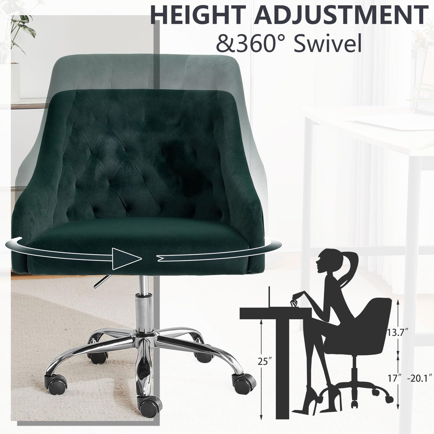 MOJAY Velvet Office Swivel Chair, Vanity Fabric Desk Pretty Fancy Gold Office Chairs for Girls, 360°Swivel Height Adjustable Reception Chair (DarkGreen)