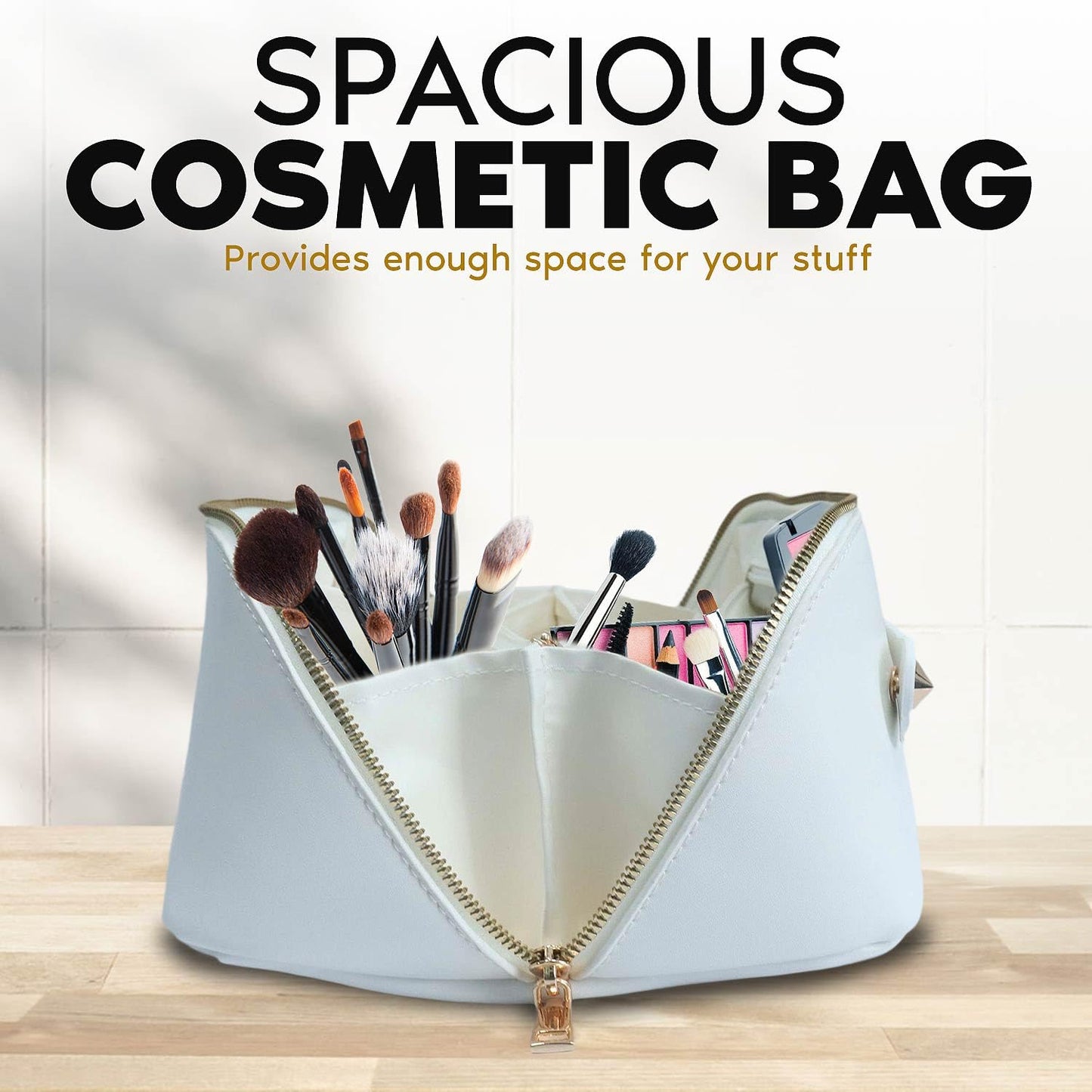 Travel Makeup Bag, Large Capacity Cosmetic Bag for Women, Large Makeup Organizer, PU Leather Waterproof Makeup bag, Travel Toiletry Bag Open flat Makeup Bag with Dividers and Handle (Smooth, White)