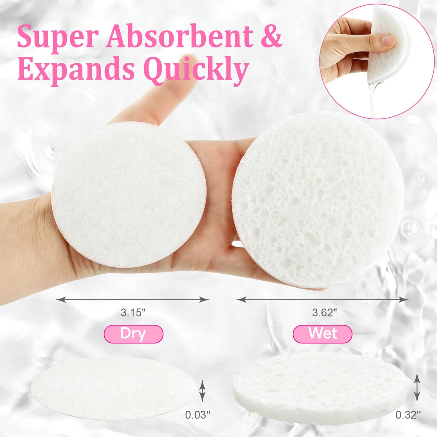 3.15in Large Compressed Facial Sponges 60 Pcs, 100% Natural Cellulose Face Sponges for Cleansing, Gentle Exfoliating, Makeup & Mask Removal, Spa Skincare, Travel Essentials for Women (White, Reusable)