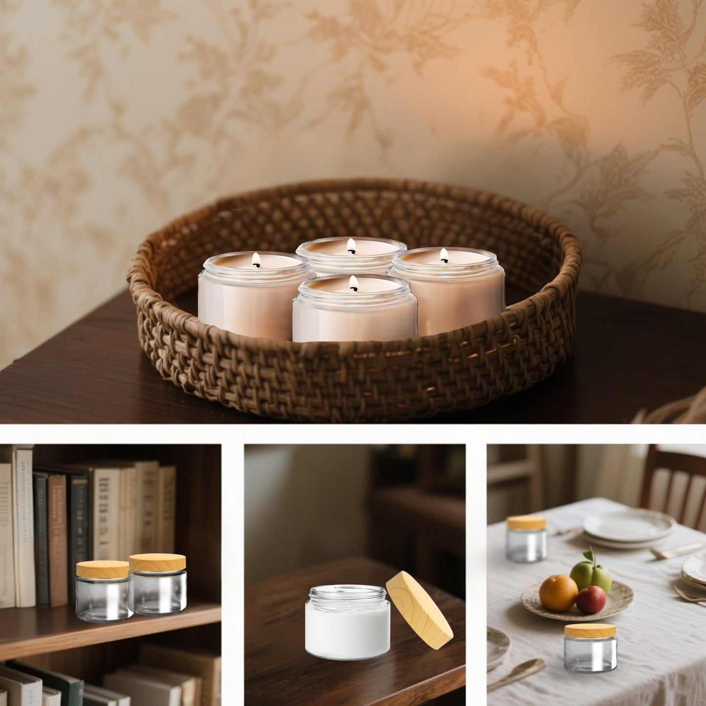 LECEHIVO 25 Pcs Glass Jars with Plastic Woodgrain Lids and Inner Liners 2 oz Clear Cosmetic Containers Empty Round Small Containers for Making Creams Lotions Powder Ointments Candle