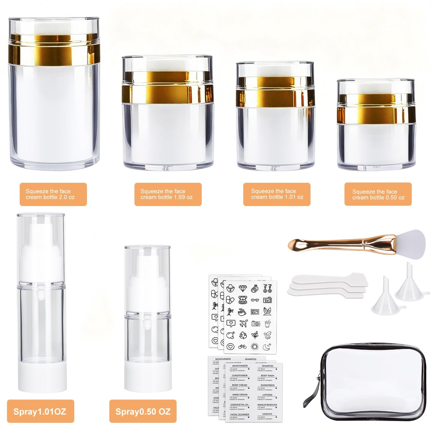 KOUWICH 20 Pack Airless Pump Jars Set, 3.34/1.7/1/0.5/oz Refillable Travel Size Containers, Gold Travel Bottles Empty Lotion Container, Glass Jars for Toiletries Moisturizer Container