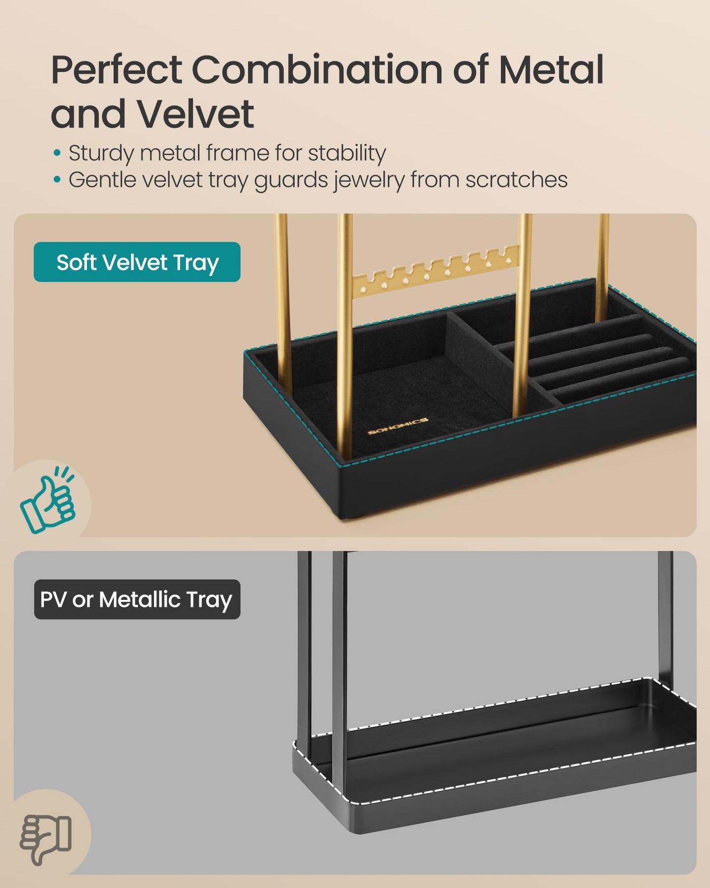 SONGMICS Jewelry Holder, Jewelry Organizer Display Stand with Metal Frame, Velvet Tray, Necklace Earring Bracelet Holder, for Studs, Rings, Gift Idea, Pale Gold and Ink Black UJJS021AB02