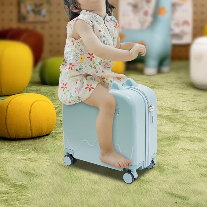 18" Kids Carry On Luggage, Ride-On Kids' Suitcase with Double Spinner Wheels, Cute Lightweight Tow-Along Luggage with Password Lock, Children's Trolly Case for Travel Study Tours (Sky Blue)