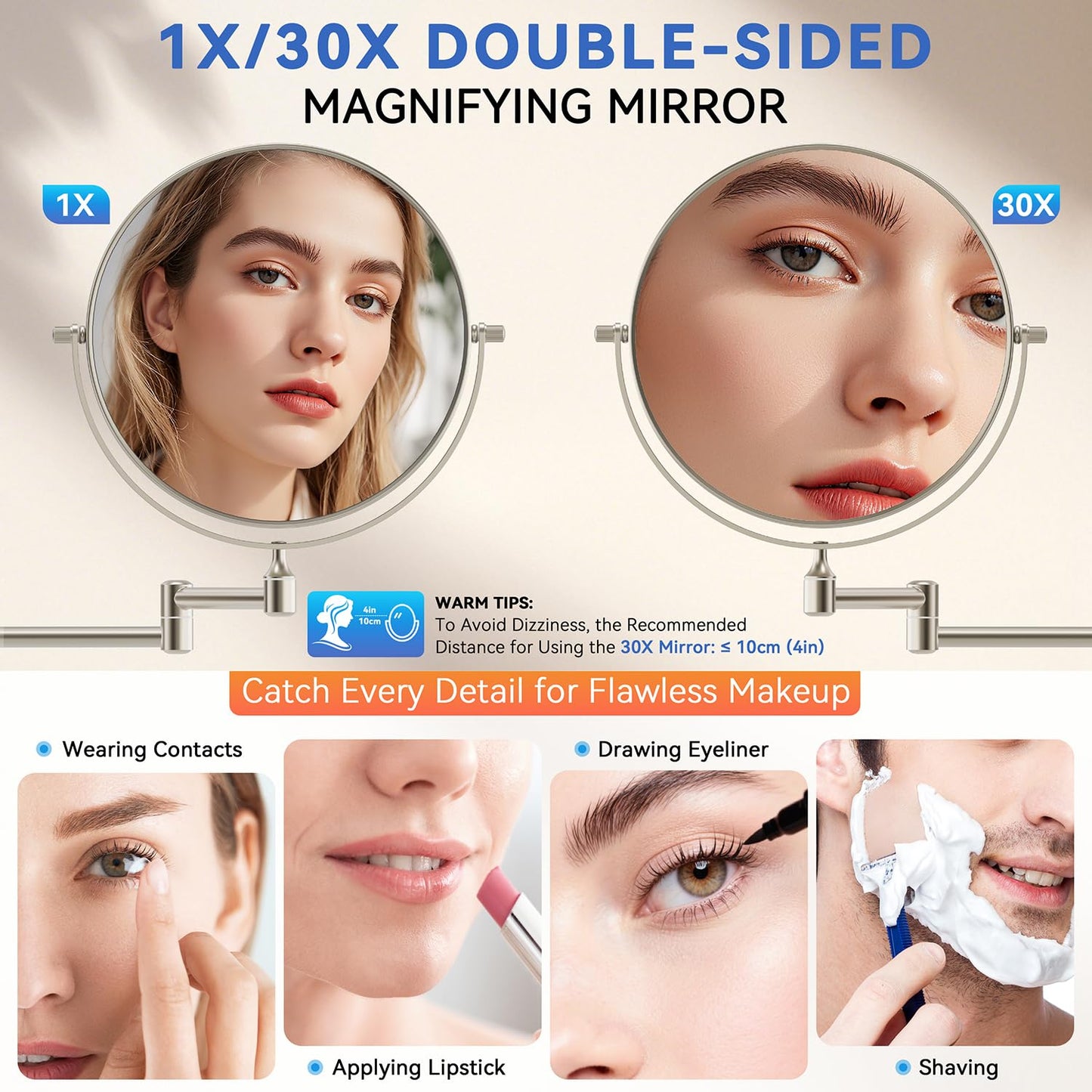 Auxmir 1X/30X Wall Mounted Makeup Mirror, Double-Sided Magnifying Mirror with Tweezers, Bathroom Makeup Mirror, Cosmetic Vanity Mirror with 360 Rotation Extendable Swivel Arm, Nickel