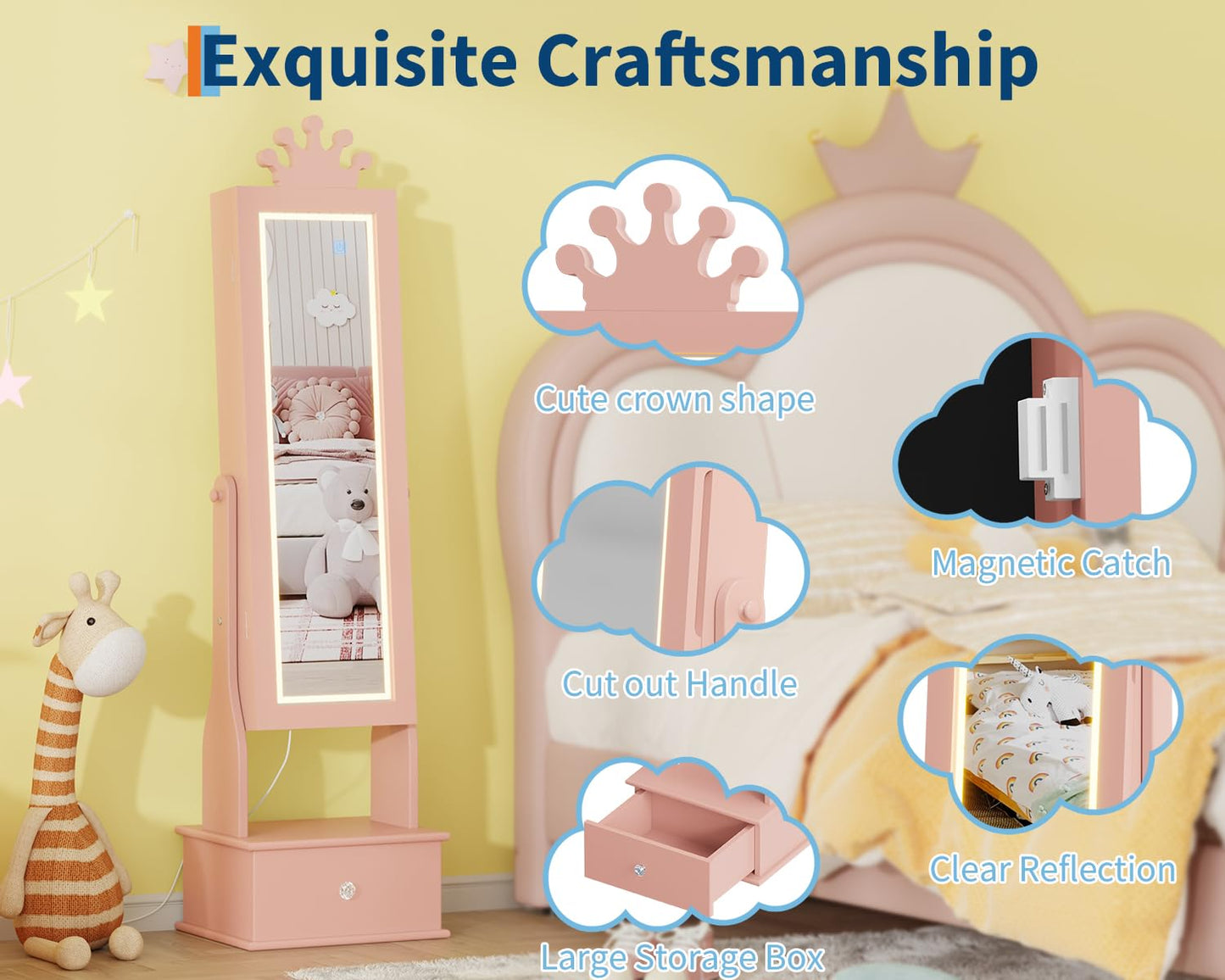 GarveeHome Kids Jewelry Armoire,Child Jewelry Cabinet with Led Light,Freestanding Jewelry Organizer with Full-Length Mirror,3 Storage Drawers,Kids Vanity Dress Up Jewelry Cabinet for Girls（light Pink