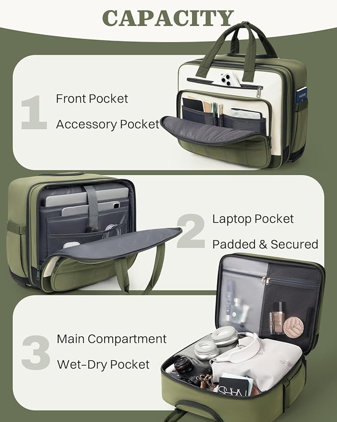 Rolling Puffer Laptop Bag, Rolling Briefcase for Women, Wheeled 16 Inch Computer Bag, Water Resistant Stylish Overnight Underseat Carry On Luggage with Wheels for Work Travel Business, Green