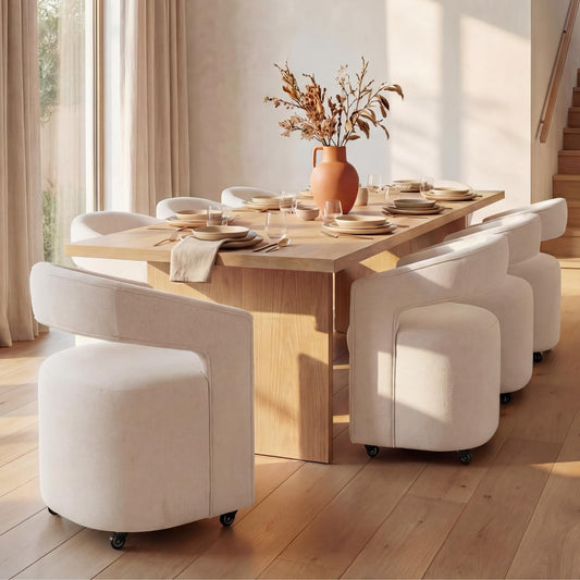 HNY 360° Swivel Upholstered Dining Chairs with Wheels Set of 6 – Soft Linen Fabric, Barrel Back Design, Rolling Kitchen Seating for Living Room, Makeup Vanity, Reception, Beige