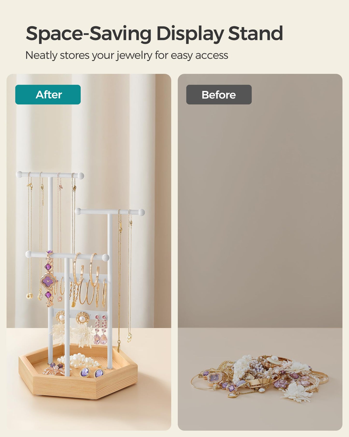 SONGMICS Jewelry Holder, Jewelry Organizer, 3 Tiers and 1 Tray, Jewelry Display Stand with Metal Frame, Necklace Earring Bracelet Holder, for Rings, Matte White and Natural Beige UJJS03NW