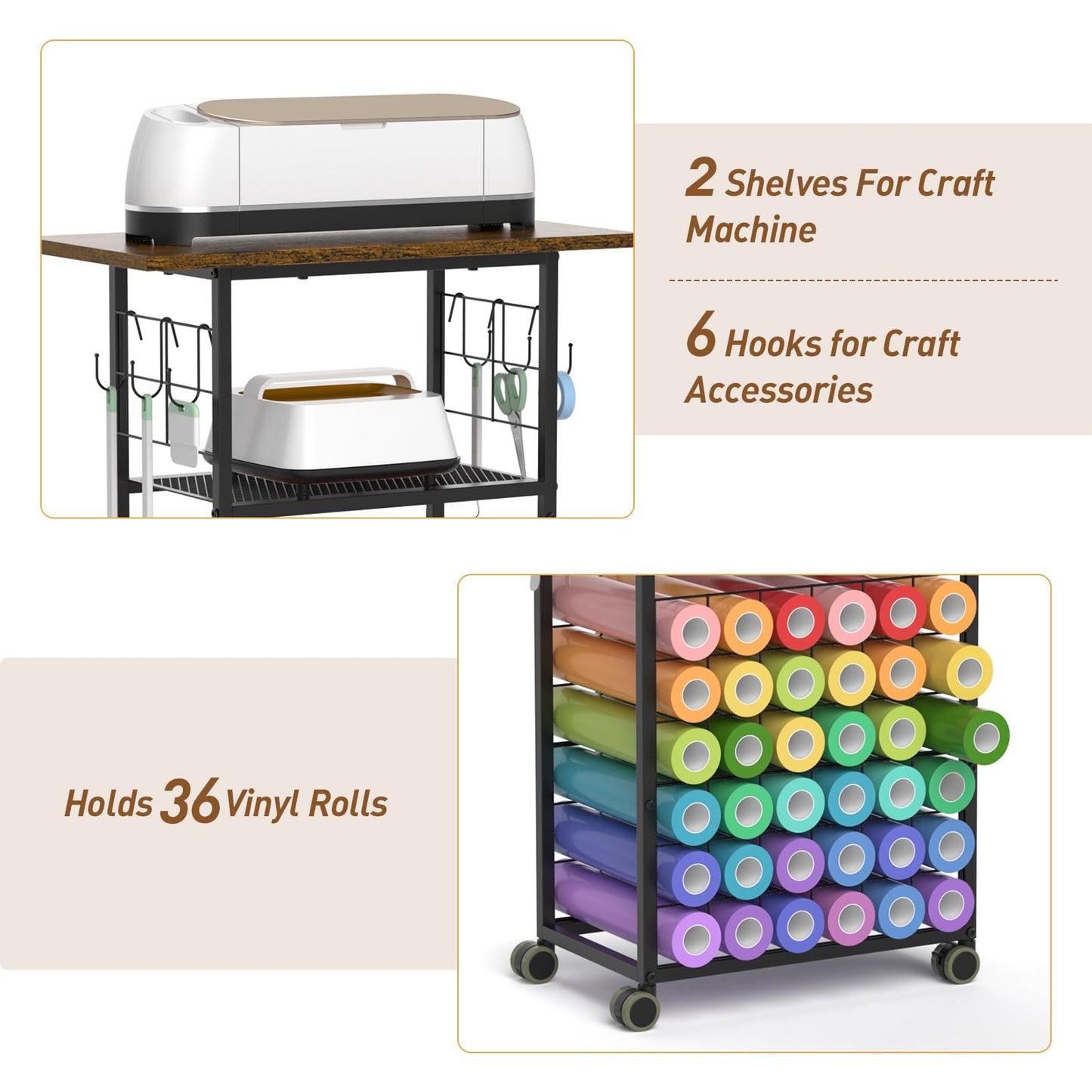 ikkle Rolling Craft Storage Cart with 36 Vinyl Roll Holders, Craft Organizers and Storage Compatible with Cricut Machines, Crafting Table Organization Workstation with Wheels for Craft Room