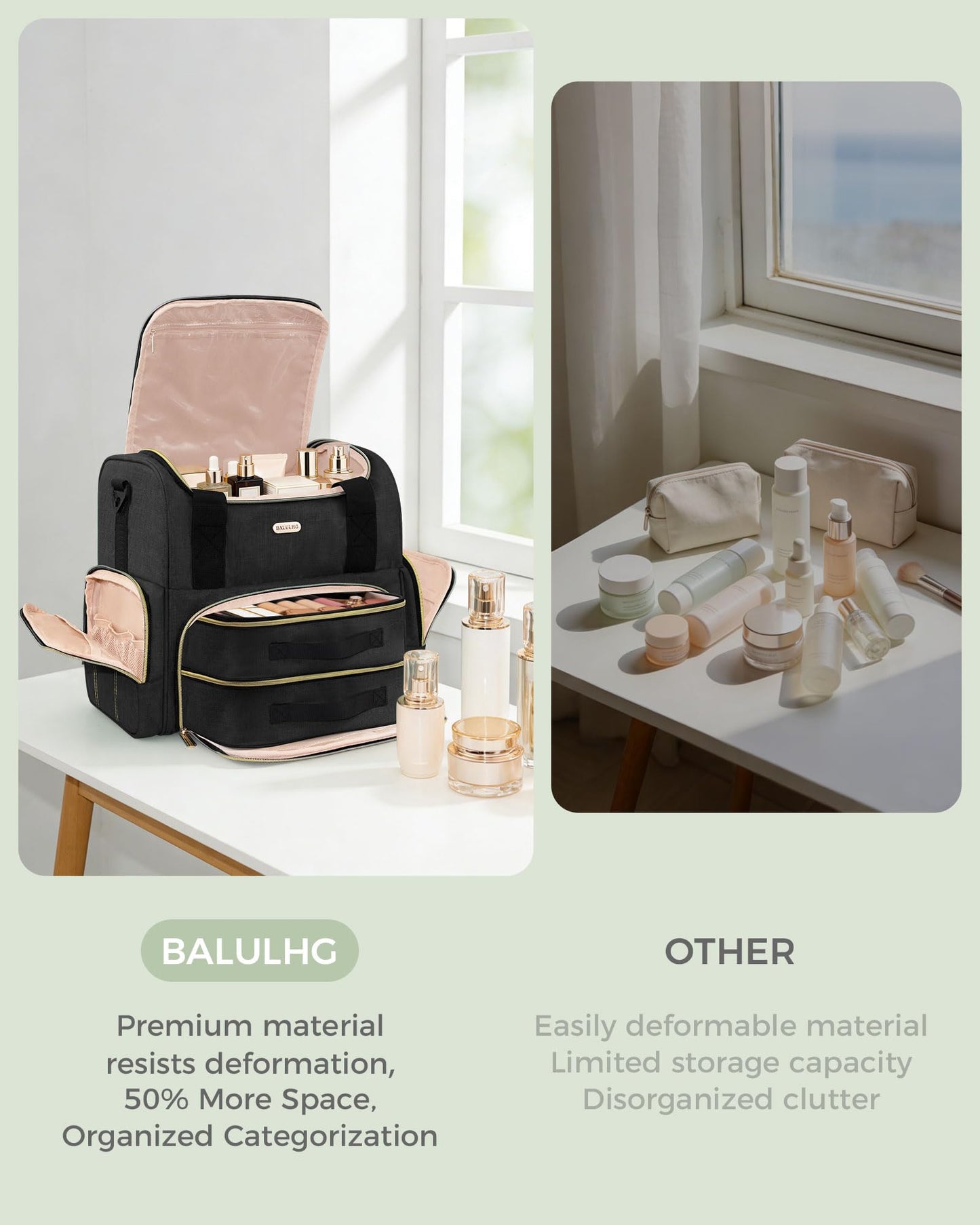 BALULHG Large Travel Makeup Bag with 2 Removable Cases, Cosmetic Bag with Multiple Storage Sections, with Multiple Storage Sections,Double Layer Big Travel Make Up Organizer Case,Travel Toiletry Bag