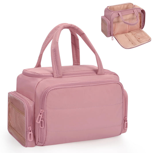 WGEAR Travel Cosmetic Bag for Women, Lightweight Wide-open Makeup Travel Bags for Toiletries with 2 Removable Dividers, Large Makeup Organizer with Brushes Board, Multi Pockets for Gym, Daily, Pink