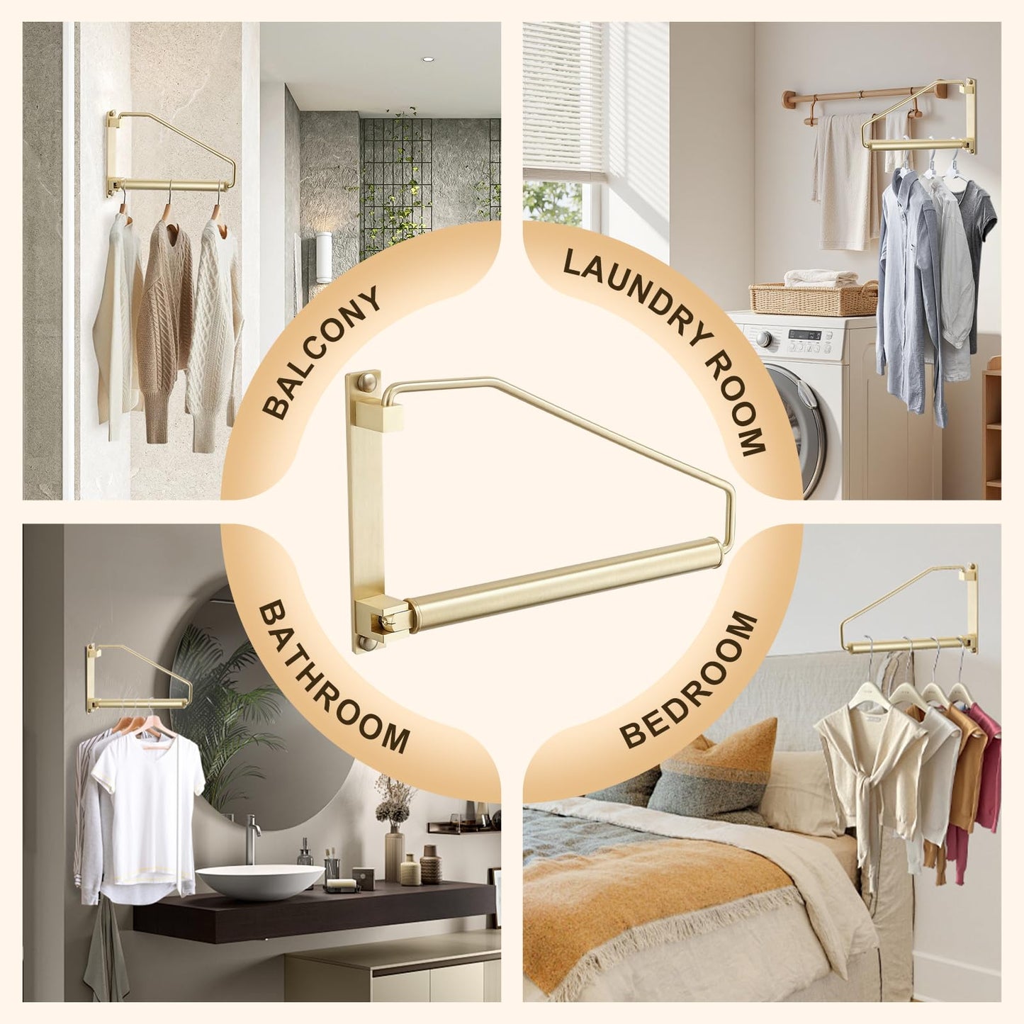 Hiendure Folding Clothes Hanger Gold Brushed Drying Clothes Rack Wall-Mounted Space Saver for Laundry Room Closet, Brass, 12 Inch