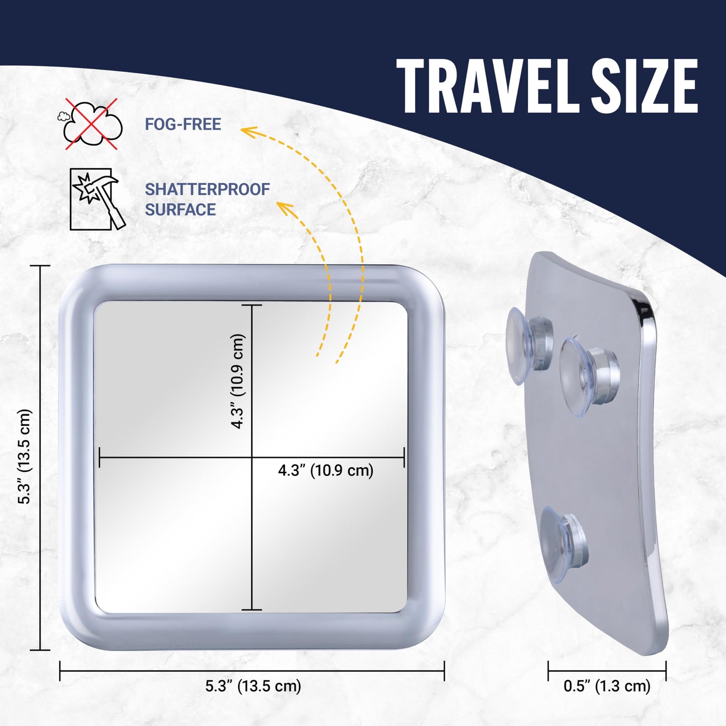 Travel Shower Mirror - Small Fogless Mirror with Triple Suction Cups - Antifog & Shatterproof Stick On Shaving Mirror for Bathroom and Travel - 5.3" x 5.3" (Chrome)