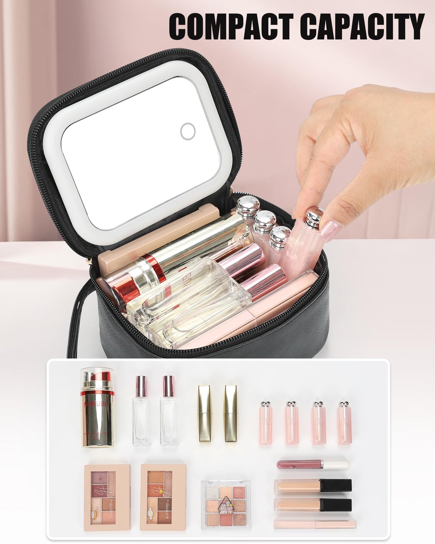 Relavel Mini Makeup Bag with LED Mirror, Portable Make Up Bag for Women with 3 Light Modes, Rechargeable Makeup Pouch for Girls, Personalized Birthday Gifts for Party Travel - Black A