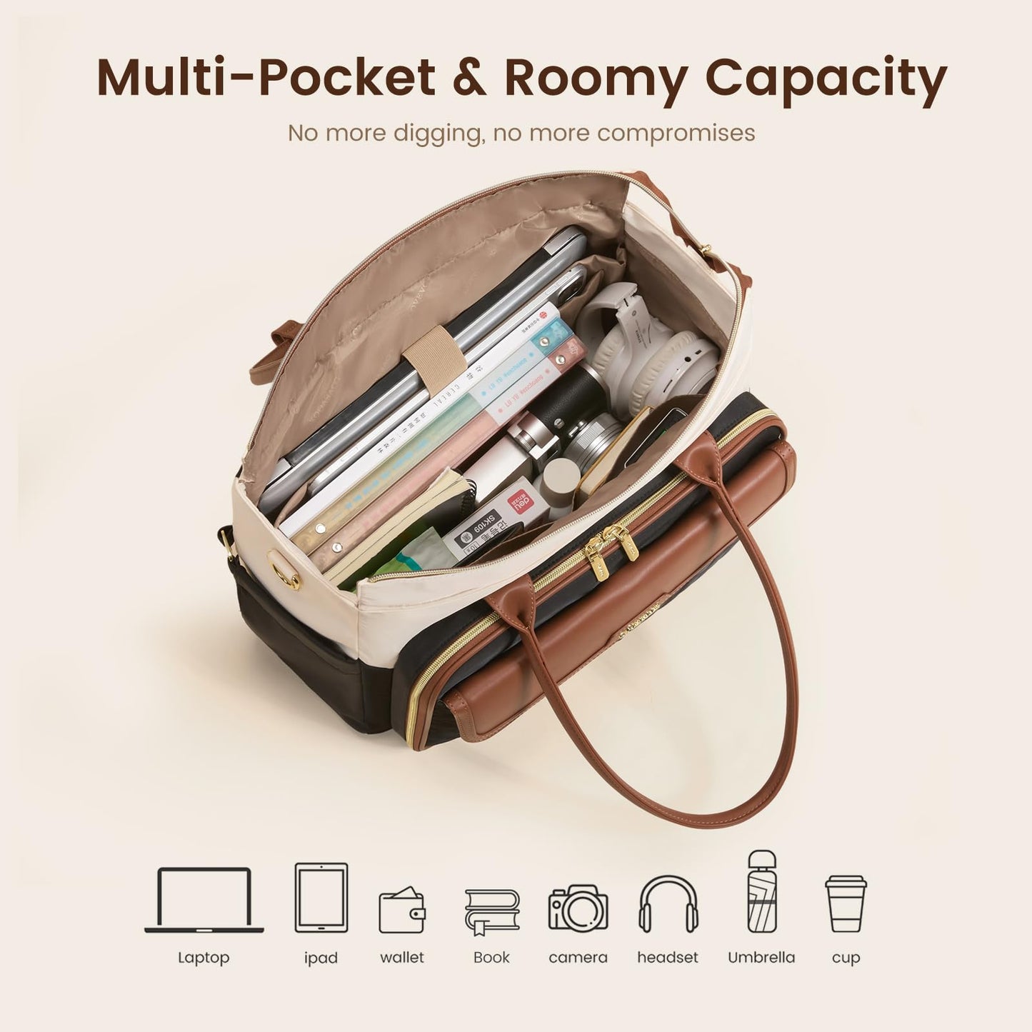 LOVEVOOK Teacher Tote Bag for Women Work, 15.6 Inch Laptop Bag with Large Cup Holder, Quilted Nurse Bag Briefcase with Accordion File Pocket, Computer Handbag for Bussiness Travel, Office, College