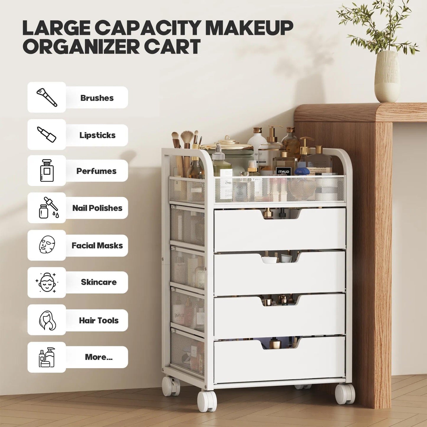 SEFILENCE Makeup Organizer Cart with 4 Drawers, Vanity Storage Drawer Carts with Dividers, Nail Cart Organizer Cosmetic Display Cases Cabinet for Skin Care, Nail Polish, Perfume, White
