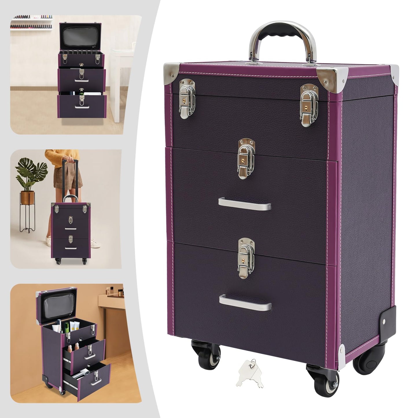 FLYHERO Professional Makeup Trolley Case, Rolling Makeup Nail Case Makeup Train Case with 4 Wheels Jewelry Travel Cosmetic Organizer Makeups Train Suitcase for Outdoor, Travel (Silver+Purple)