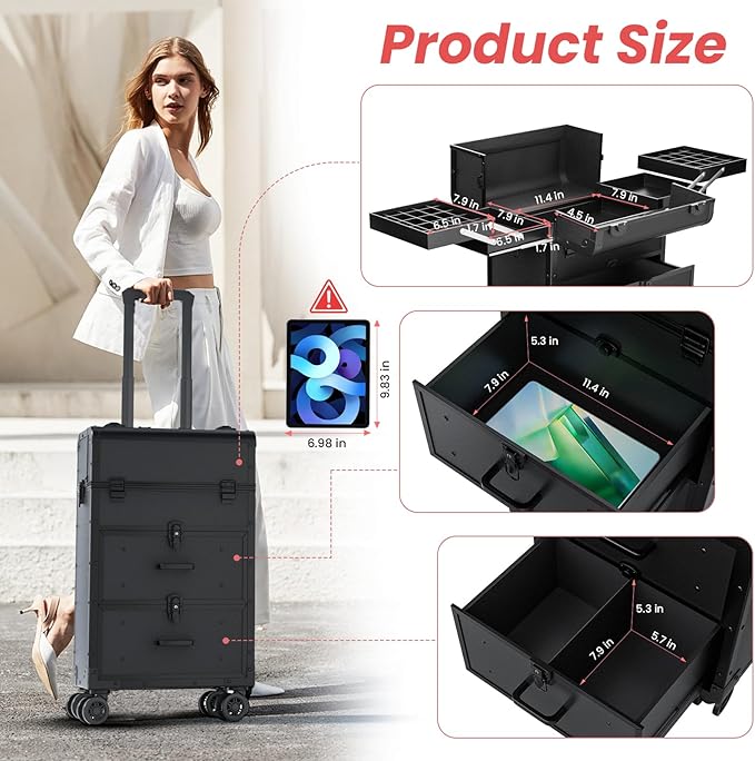 Large Rolling Makeup Train Case, Professional Travel Cosmetology Case on Wheels with Drawers, 3 Tiers Nail Organizers Storage Case for Nail Tech, Tattoo, Hairstylist, Makeup, Extra Large