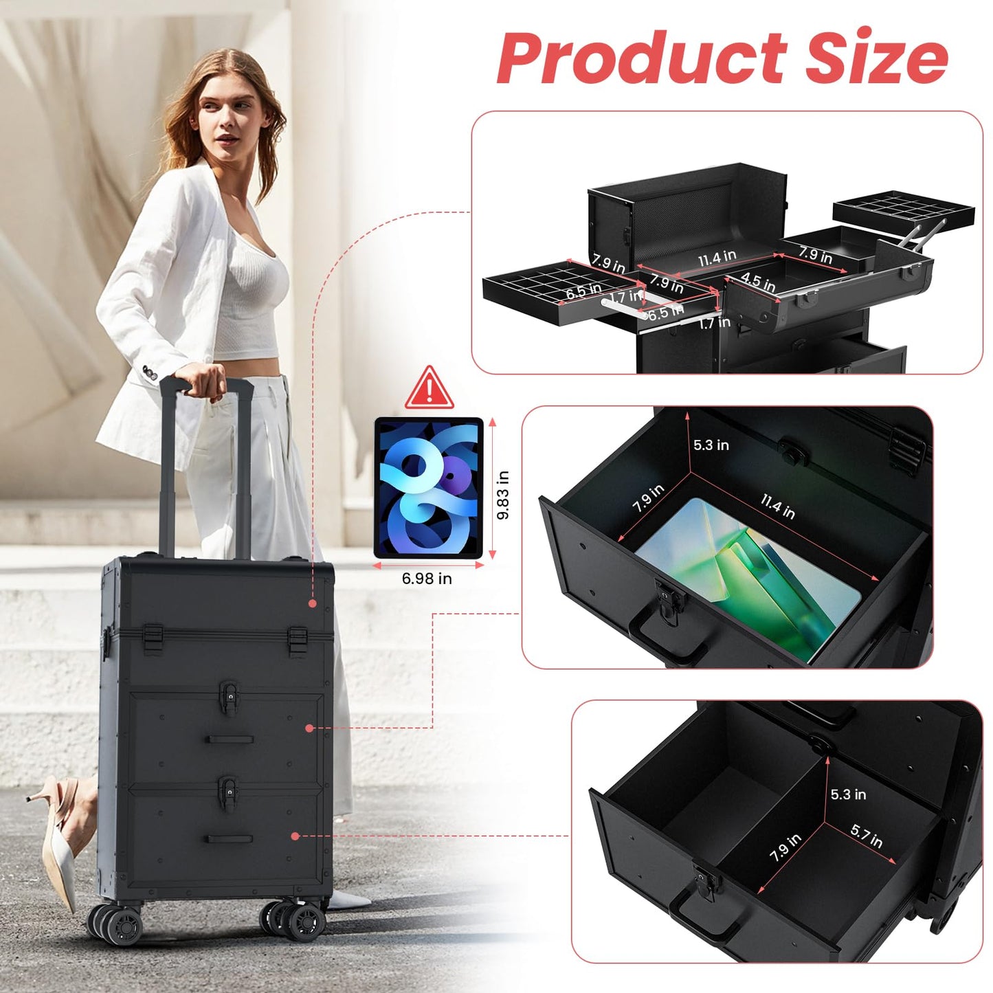 ALUROICE Large Rolling Makeup Train Case, Professional Travel Cosmetology Case on Wheels with Drawers, 3 Tiers Nail Organizers Storage Case for Nail Tech, Tattoo, Hairstylist, Makeup, Extra Large