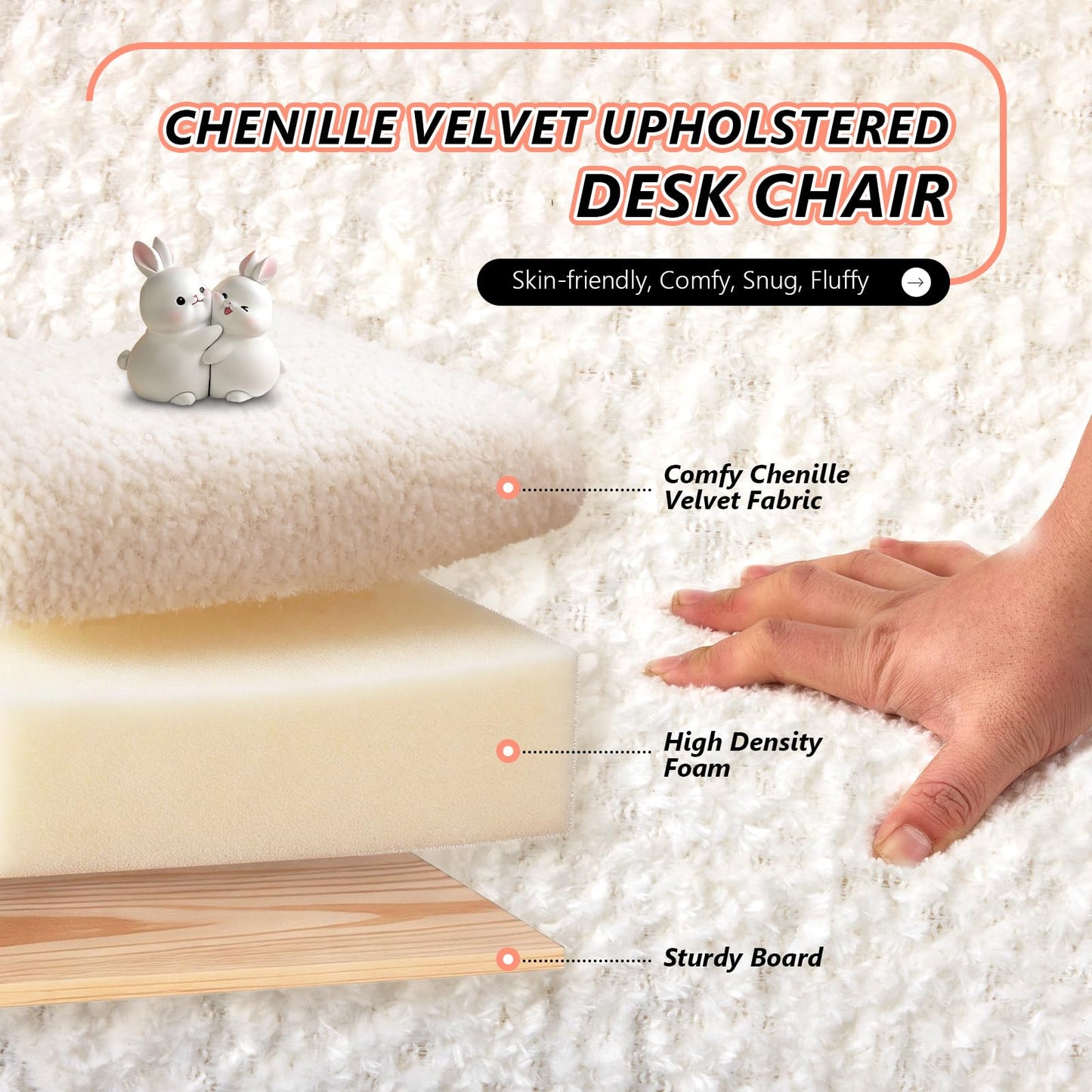 VINGLI Chenille Curved-Back Armless No Wheels Vanity Chair for Girls, Cute & Furry Upholstered Desk Chair with Solid Wood Legs for Study/Makeup/Bedroom/Dressing, Fluffy Makeup Chair for Teens, Beige