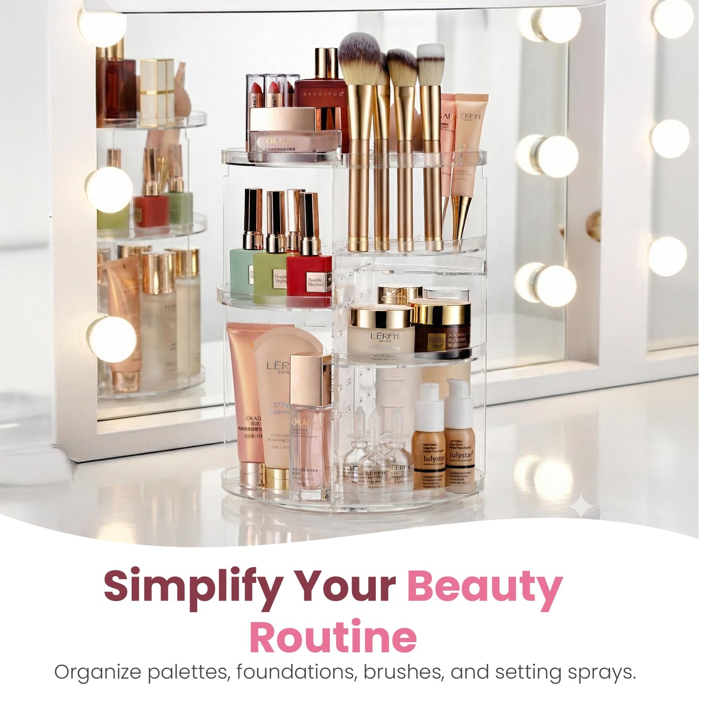 Masirs 360 Rotating Makeup Organizer Countertop - Adjustable Shelf Height - The Perfect Round Spinning Cosmetic Organizer for Bedroom Dresser or Vanity Countertop Storage (Clear)