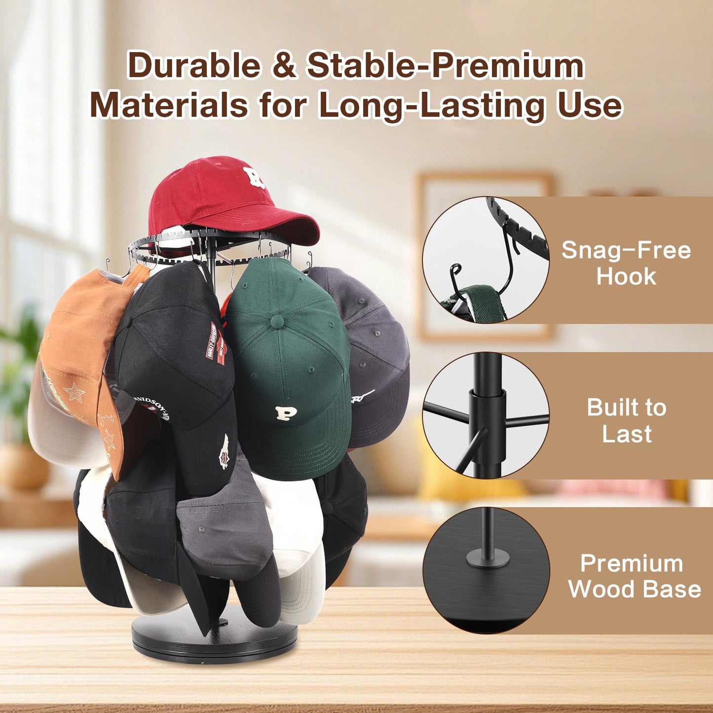 Keebofly Rotating Free Standing Hat Rack & Organizer Stand, 3-Tier Merchandise Display & Tabletop Baseball Cap Organizer Holds 40+ Caps, Portable for Vendor & Home Use in Bedroom, Closet, Entryway