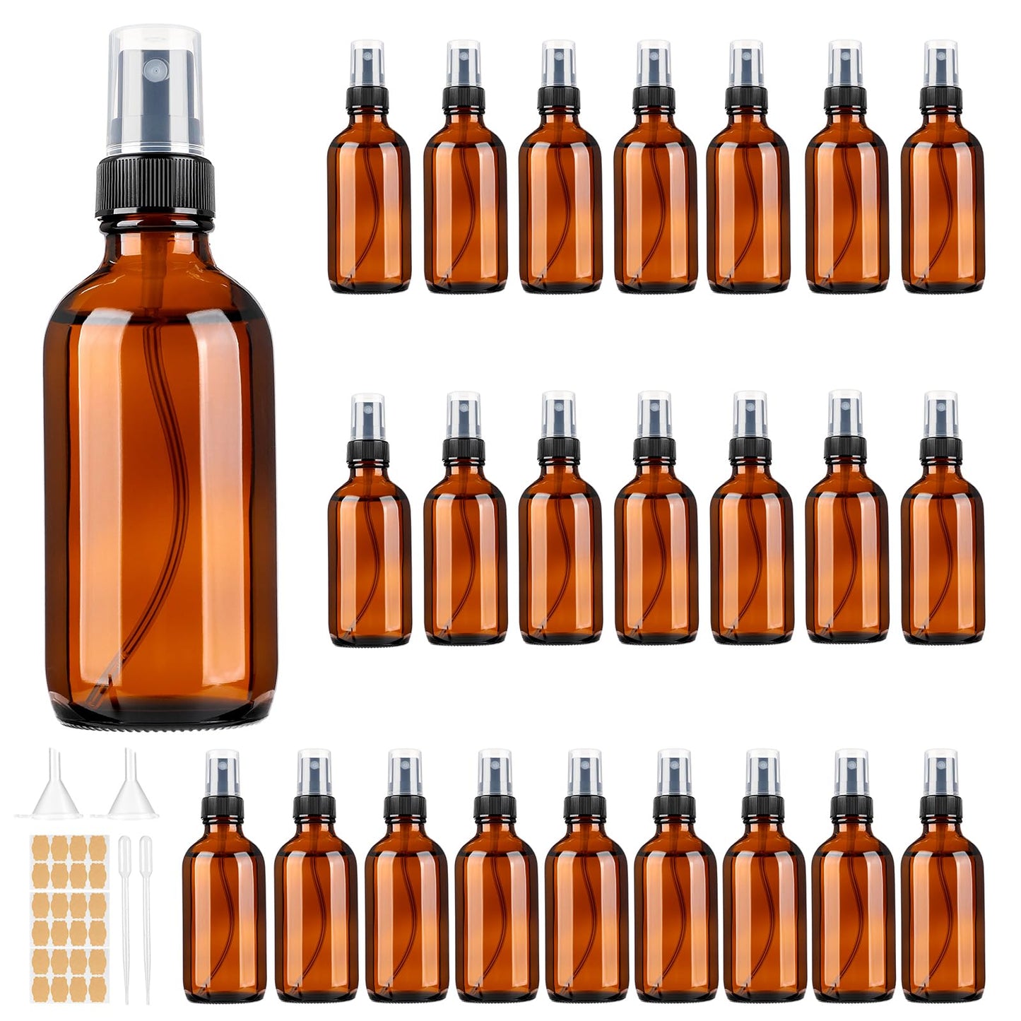 Vitreaux 24 Pack 4 oz Amber Glass Spray Bottles Small,Empty Refillable Brown Glass Spray Bottle for Essential Oils,Fine Mist Bottles for Face,Hair,Travel,Perfumes,Plants,Cleaning Solutions