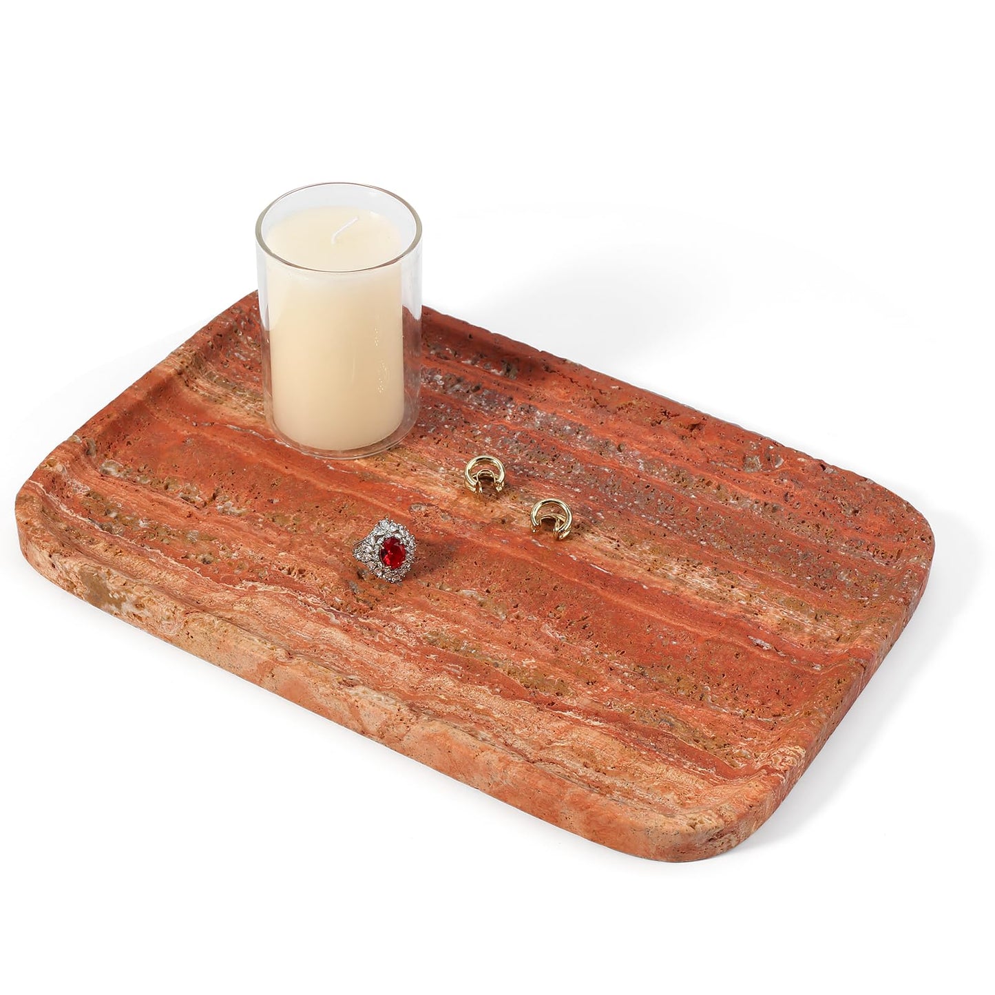 Koville Red Travertine Tray, 12"x8" Natural Stone Vanity Tray for Countertop Bathroom Kitchen Dresser, Decorative Marble Catchall Trays for Perfume Jewelry, Rectangular Serving Tray