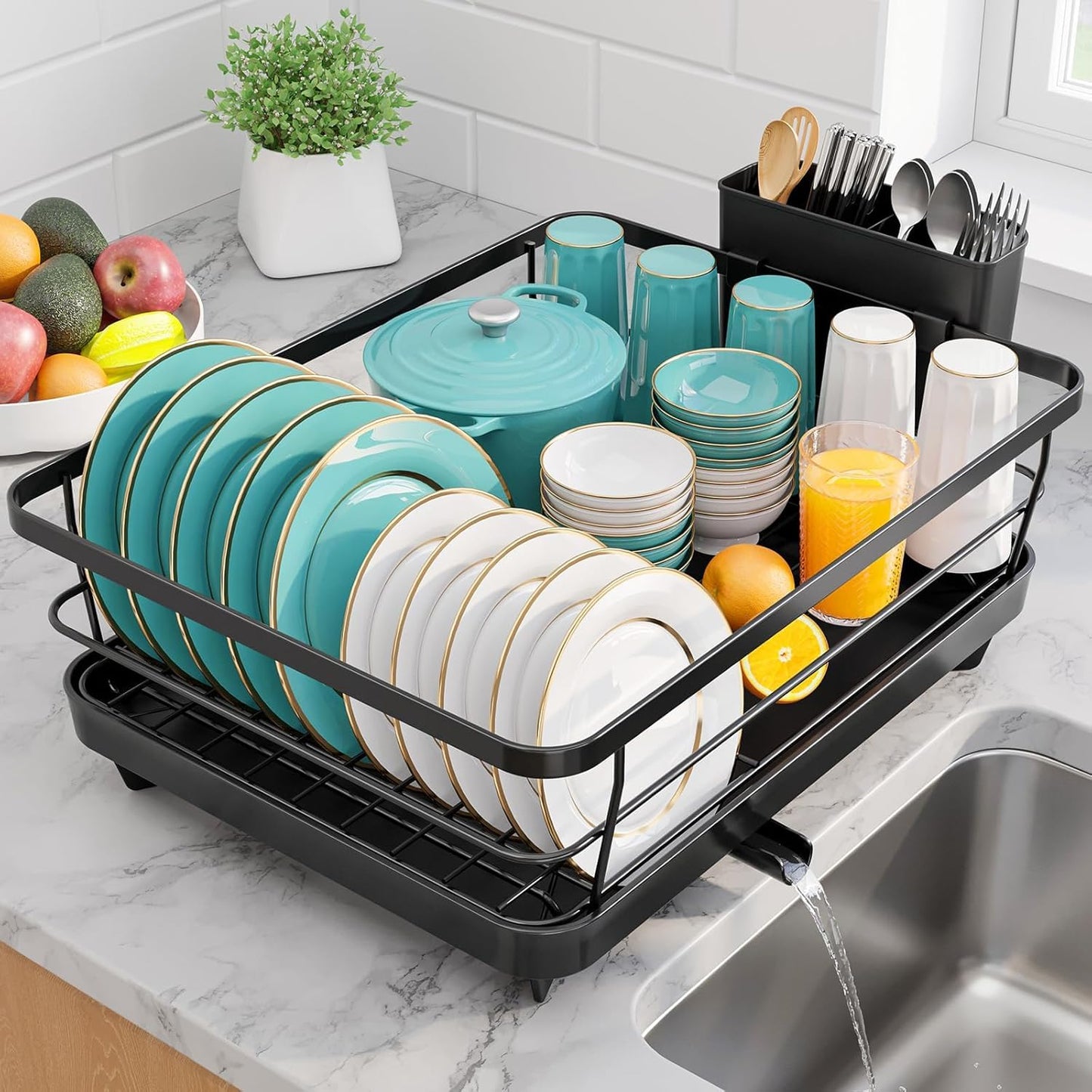 Sakugi Dish Drying Rack - Stainless Steel Dish Rack with Drainboard for Kitchen Counter and Sink, 15.6" D x 12" W x 5" H, Black