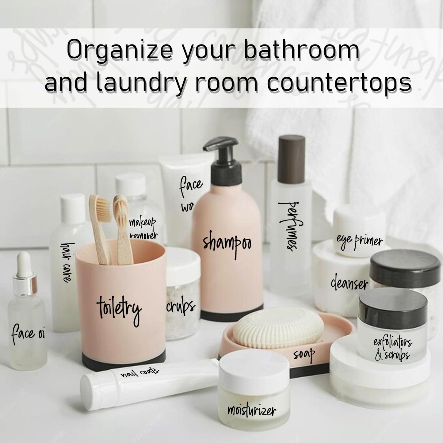 Fssqii 189 Preprinted Bathroom Labels, Waterproof Organizational Labels Stickers for Shampoo Hand Soap Makeup Bottles Storage Containers, Home/Hotel Black Script Clear Labels Set
