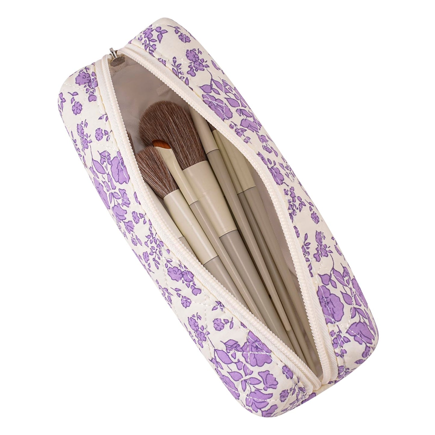 HHQQWZ Cute Floral Cotton Makeup Brush Cosmetic Bag for Women, Travel Quilted Zipper Make Up Bag, Flowers Toiletry Organizer Case Kawaii Makeup Cosmetic Travel Cloth Pouch (Blue+Big Purple Floral)