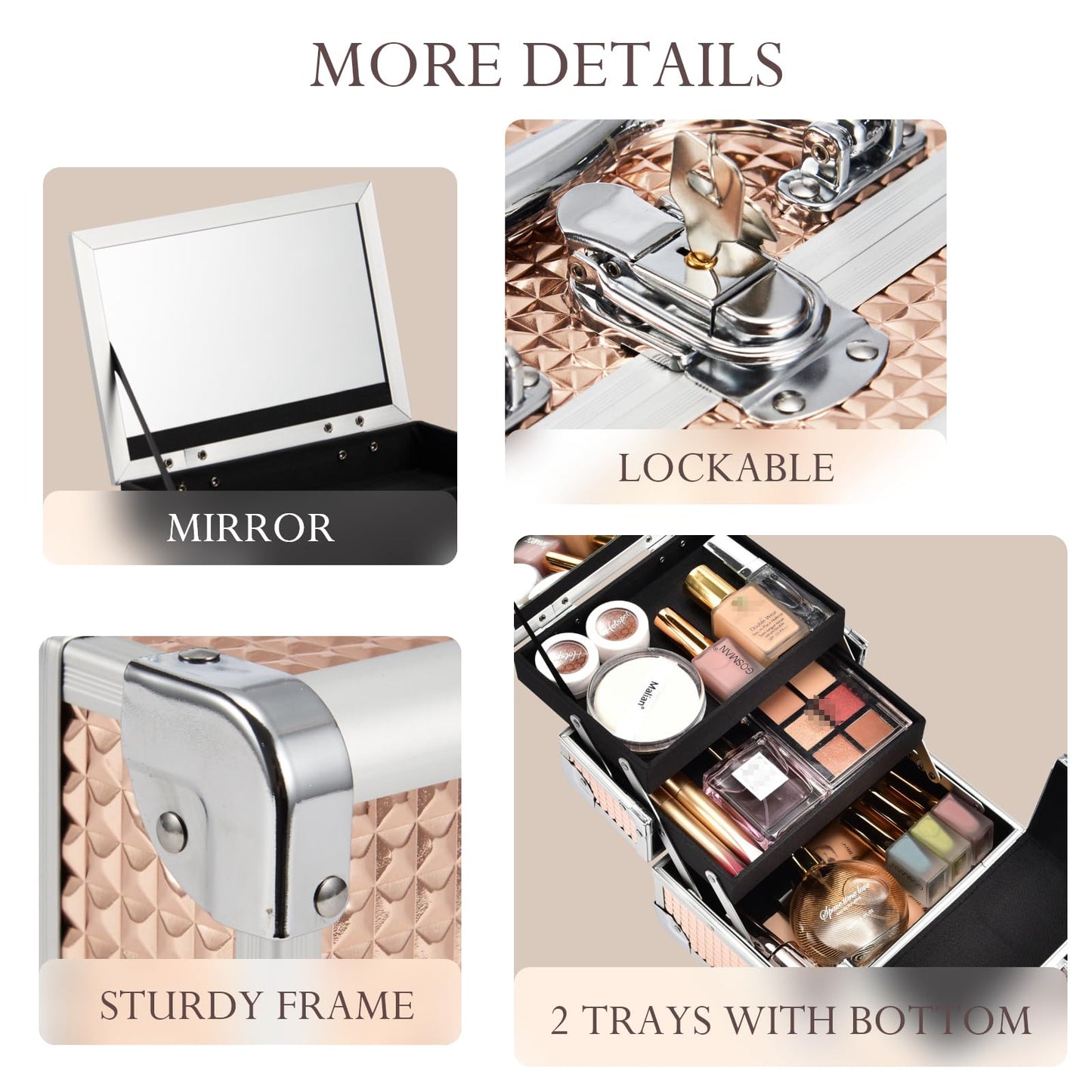FRENESSA Makeup Case Train Case Portable Makeup Box with Mirror Lock Box Travel Cosmetic Train Cases Hard Makeup Organizer for Nail Craft Storage Vanity for Girl Rose Gold
