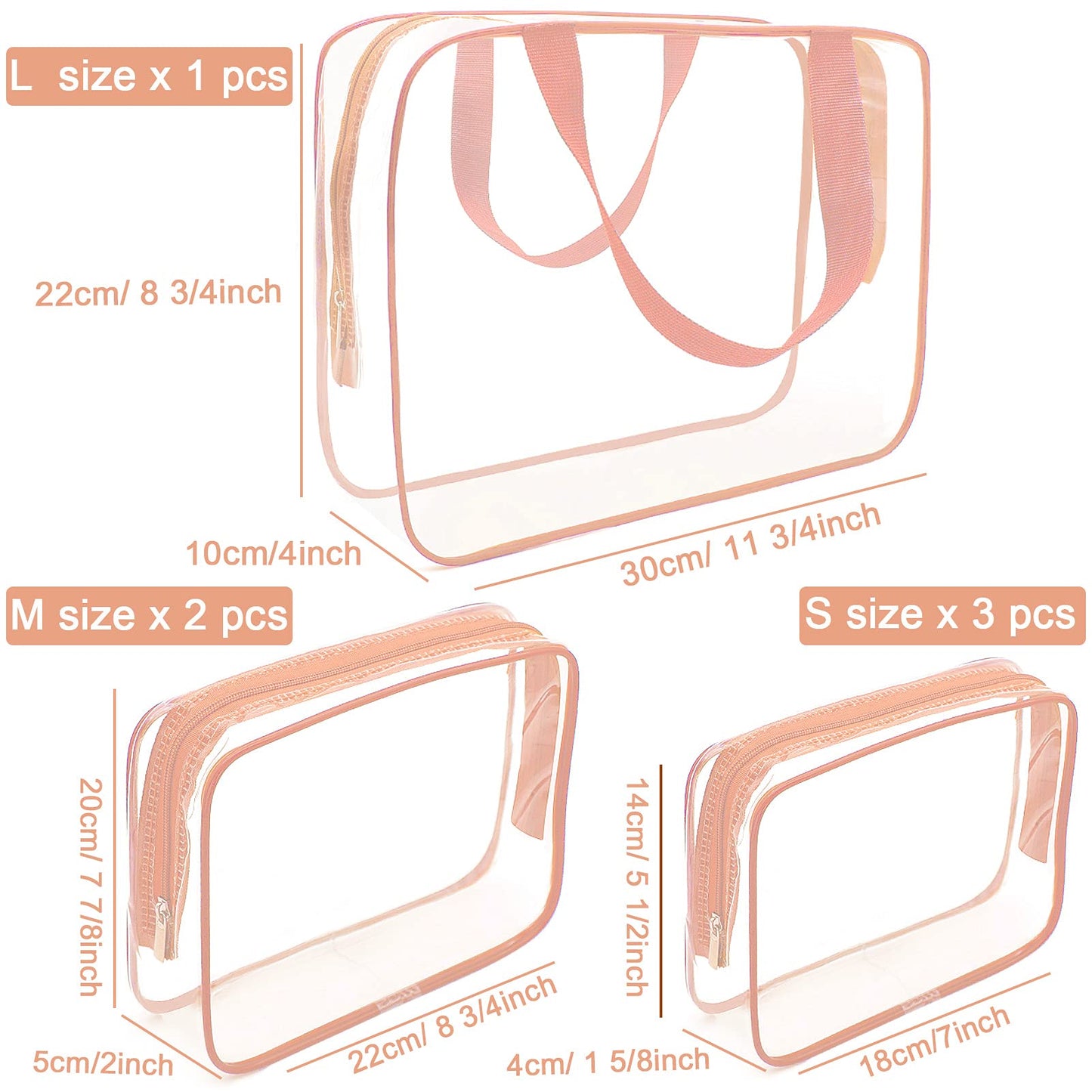 APREUTY Clear Makeup Bags, TSA Approved 6 Pcs Cosmetic Makeup Bags Set Clear PVC with Zipper Handle Portable Travel Luggage Pouch Airport Airline Vacation Organization (Pink)