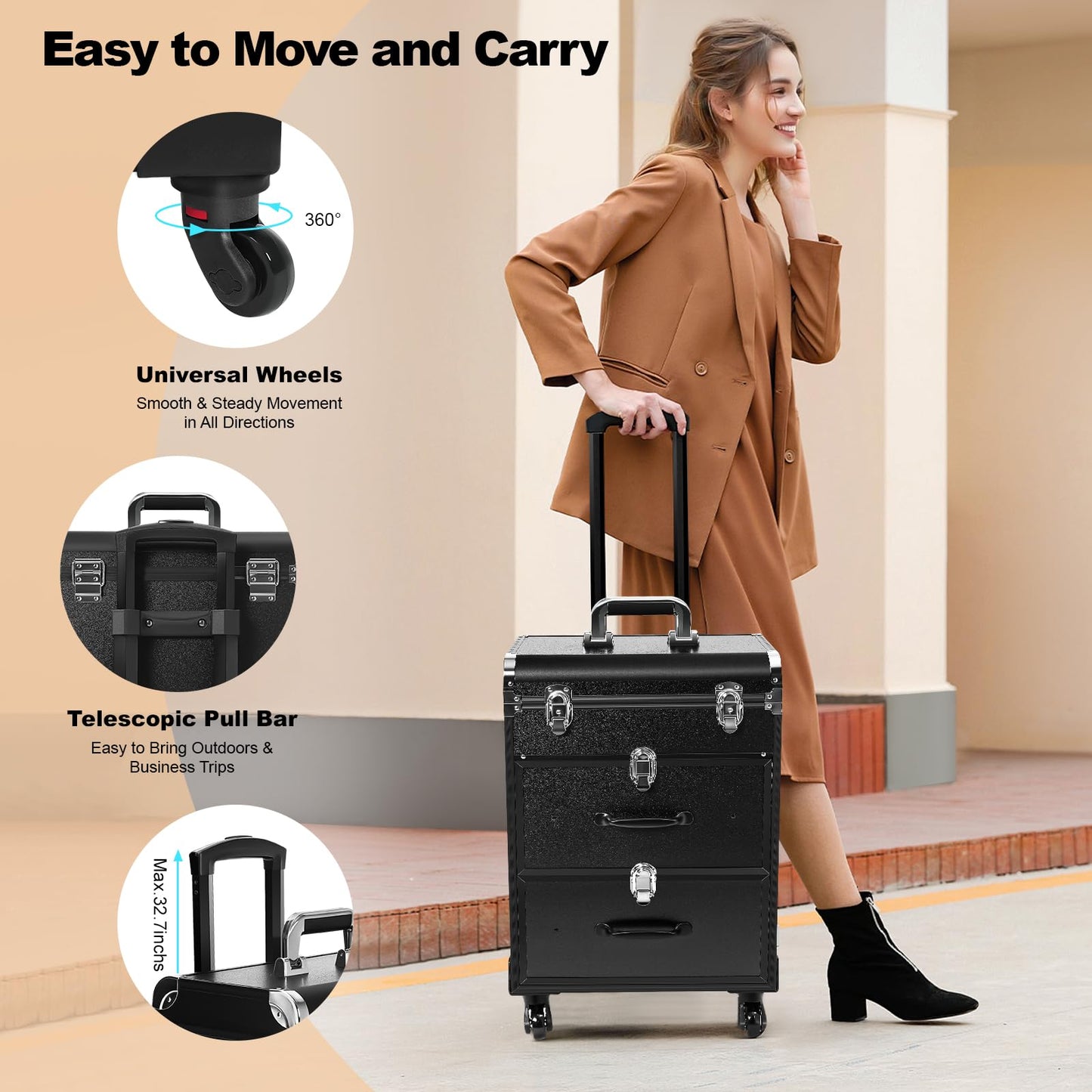 Rolling Makeup Train Case, 3 Tier Aluminum Portable Makeup Organizer Suitcase Cosmetic Storage Box with Lock and Key Travel Beauty Luggage Trolley for Travel Makeup/Nail Art/Hair Styling (Black)