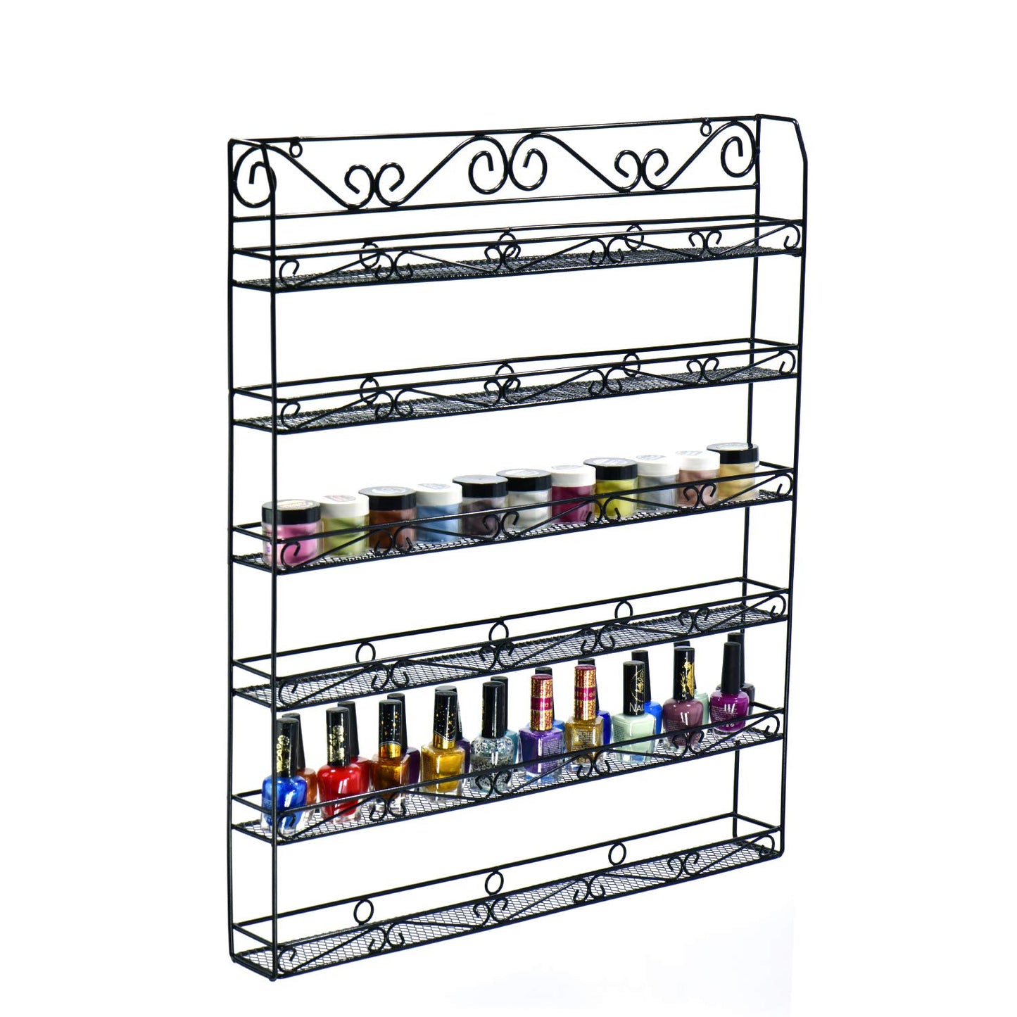 AMT 6 Tier Metal Nail Polish Racks for The Wall, Up to 132 Bottles, Clear Quality Nail Polish Display, Essential Oils Organizer (132 Bottles or 60 Jars - Black)