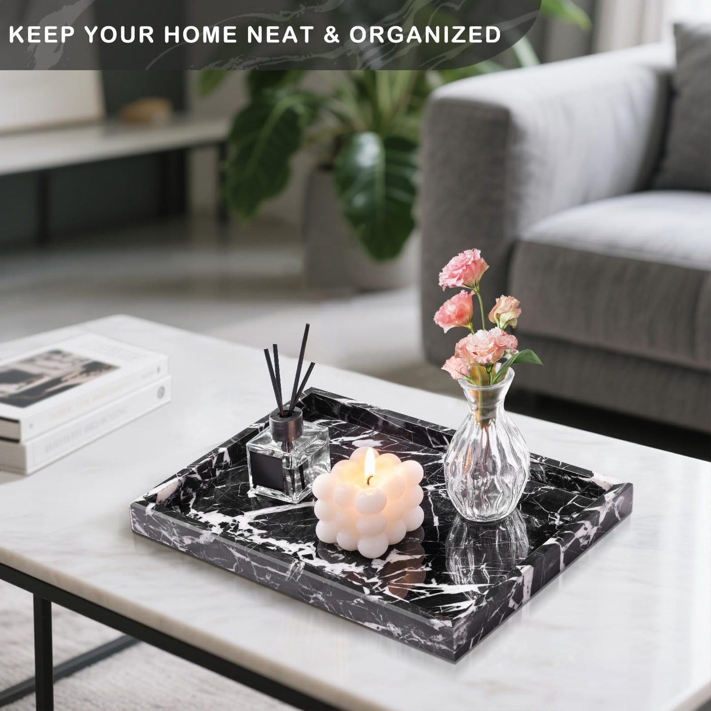 Homaura Marble Bathroom Tray for Countertop & Home Decor, Natural Decorative Marble Tray for Jewelry & Perfume Organizer, Luxury Stone Vanity Trays for Dresser, Kitchen Counter, 12" x 8", Black