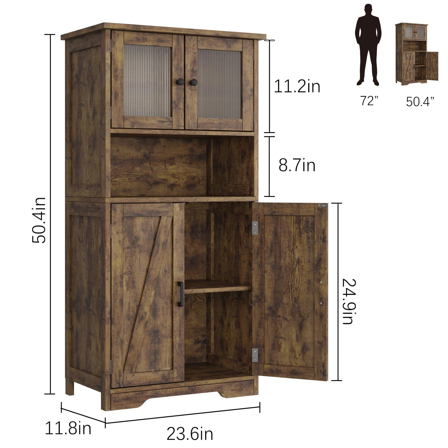 IDEALHOUSE 50" Tall Bathroom Cabinet, Freestanding Bathroom Storage Cabinet with 4 Doors and Adjustable Shelves, Cupboard Modern Storage Cabinet for Kitchen, Pantry, Living Room, Rustic Brown