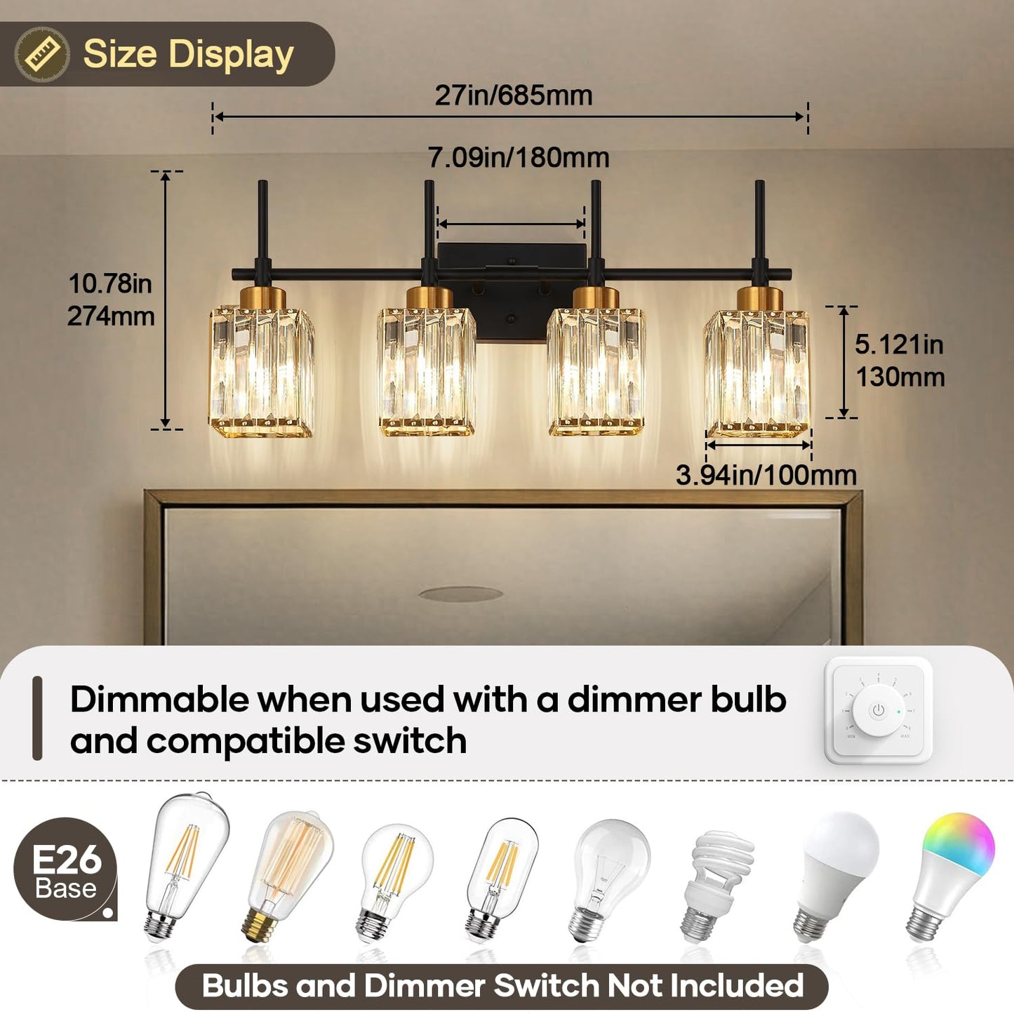 Torondo Modern Crystal Bathroom Vanity Light 4-Lights Gold Bathroom Light Fixtures Over Mirror Black and Gold Vanity Lighting Fixtures Gold Square Shade Brass Wall Sconce (Bulbs Not Include)