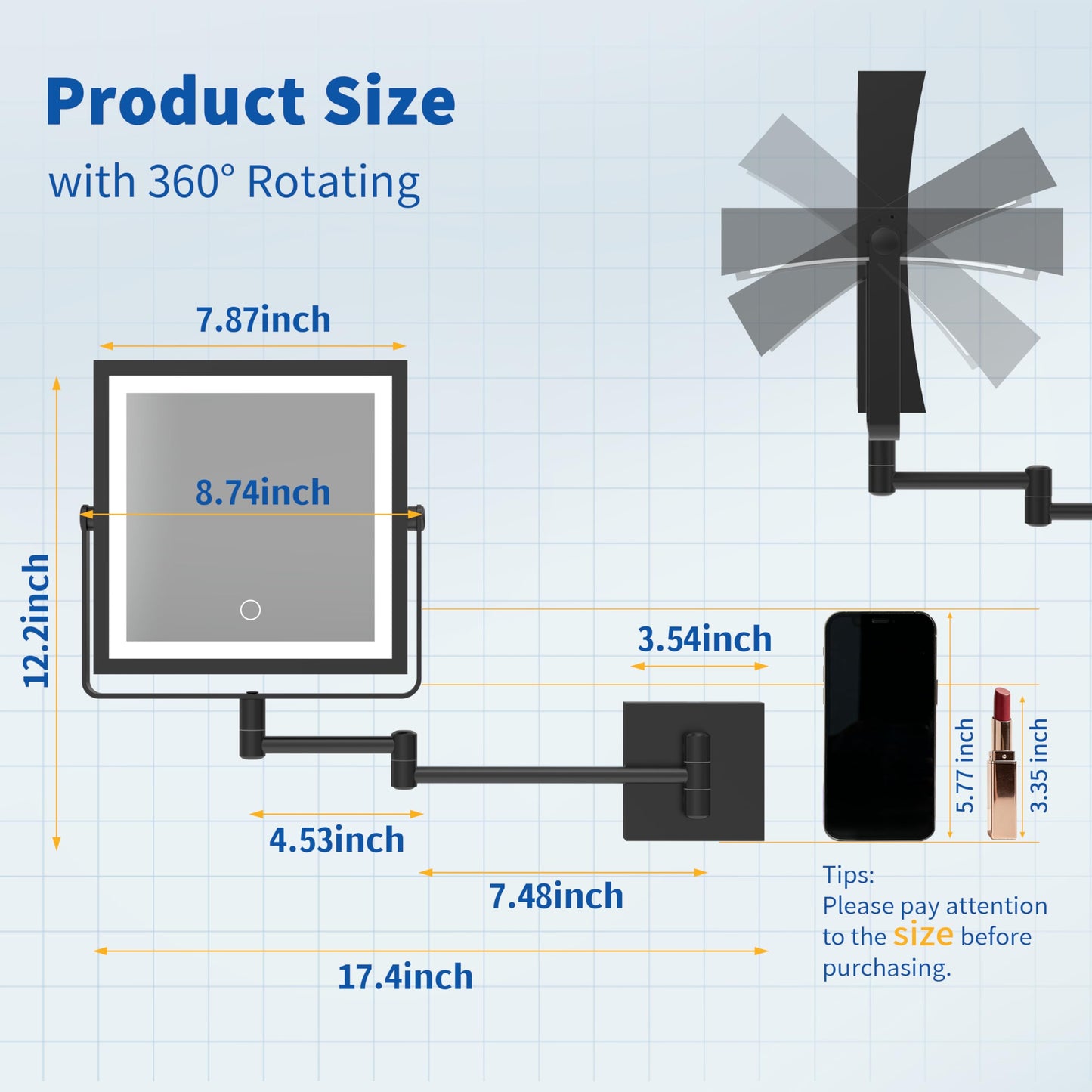 Ruacq Rechargeable Wall Mounted Makeup Mirror with Lights, Double Sided 1X/20X Magnifying Vanity Mirror with 3 Color Lighting, Touch Screen Dimmable, 360° Rotation Extension Foldable Arm(Matte Black)