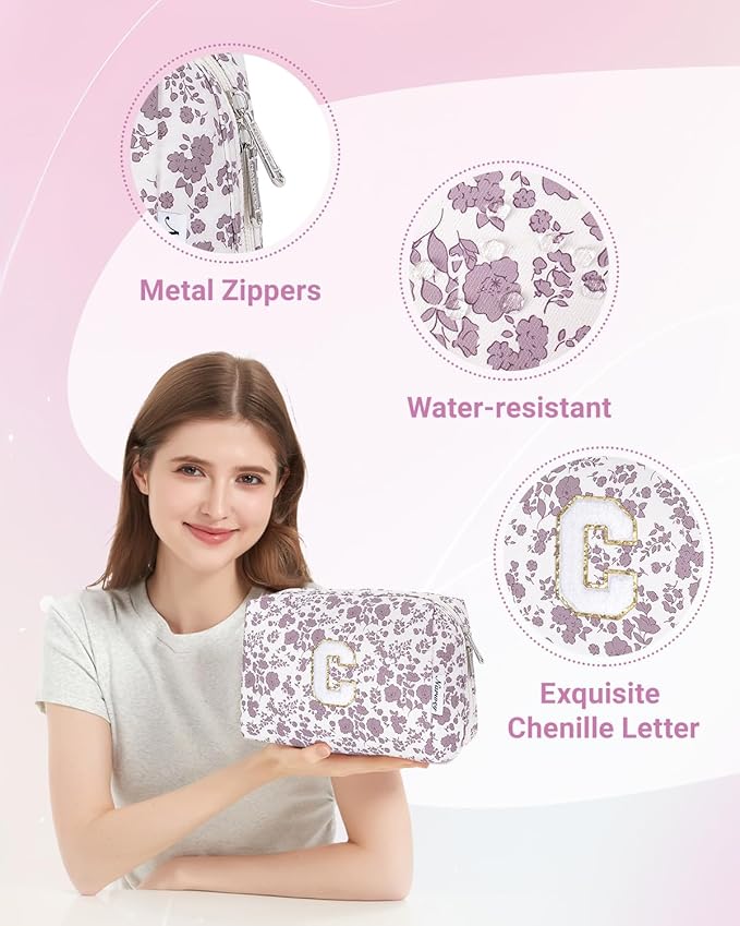 Narwey Birthday Gifts for Teen Girls Kids Women Personalized Initial Floral Makeup Bag Cute Cosmetic Trendy Stuff 6 8 10 11 12 13 14 16 18 Years Old Travel Toiletry Bag (Little Dusty Pink Flower C)