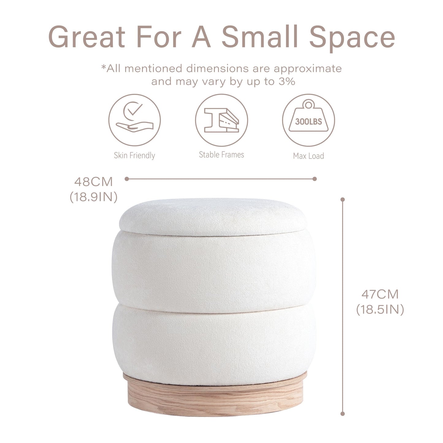 Get Set Style Round Ottoman with Wooden Base, Storage Vanity Stool for Makeup, Upholstered Footrest Stool Ottoman Foot Stool for Living Room, Bedroom